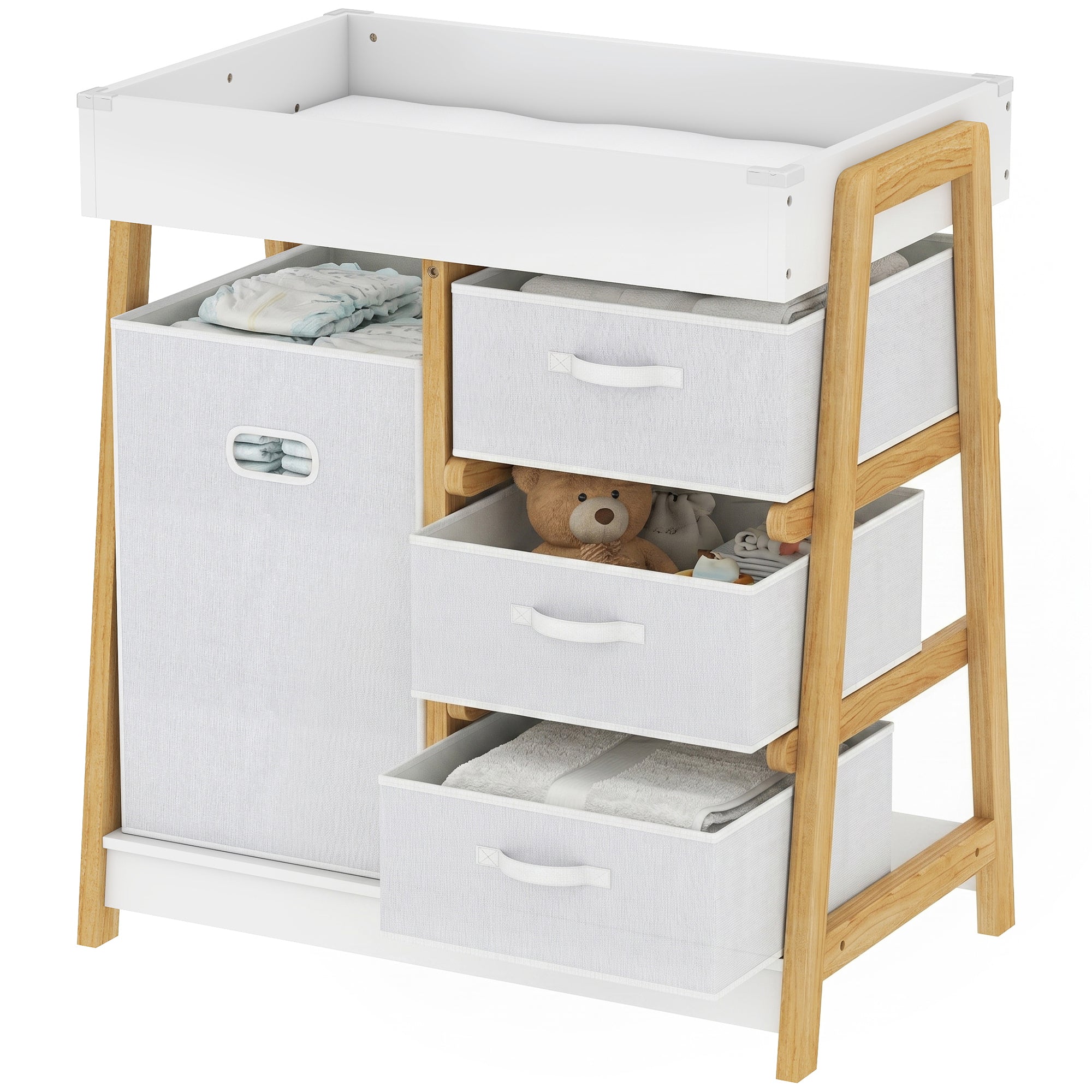 Qaba Baby Changing Table, Diaper Changing Station with Waterproof Pad, 3 Drawers and Large Basket for Newborn & Infant, White