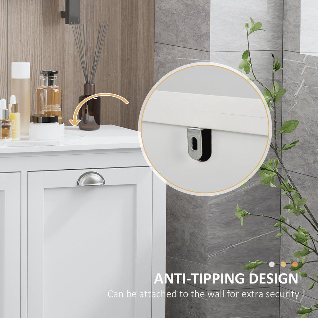 Tilt-Out Laundry Storage Cabinet, Bathroom Storage Organizer with Two-Compartment Tilt Out Hamper, White
