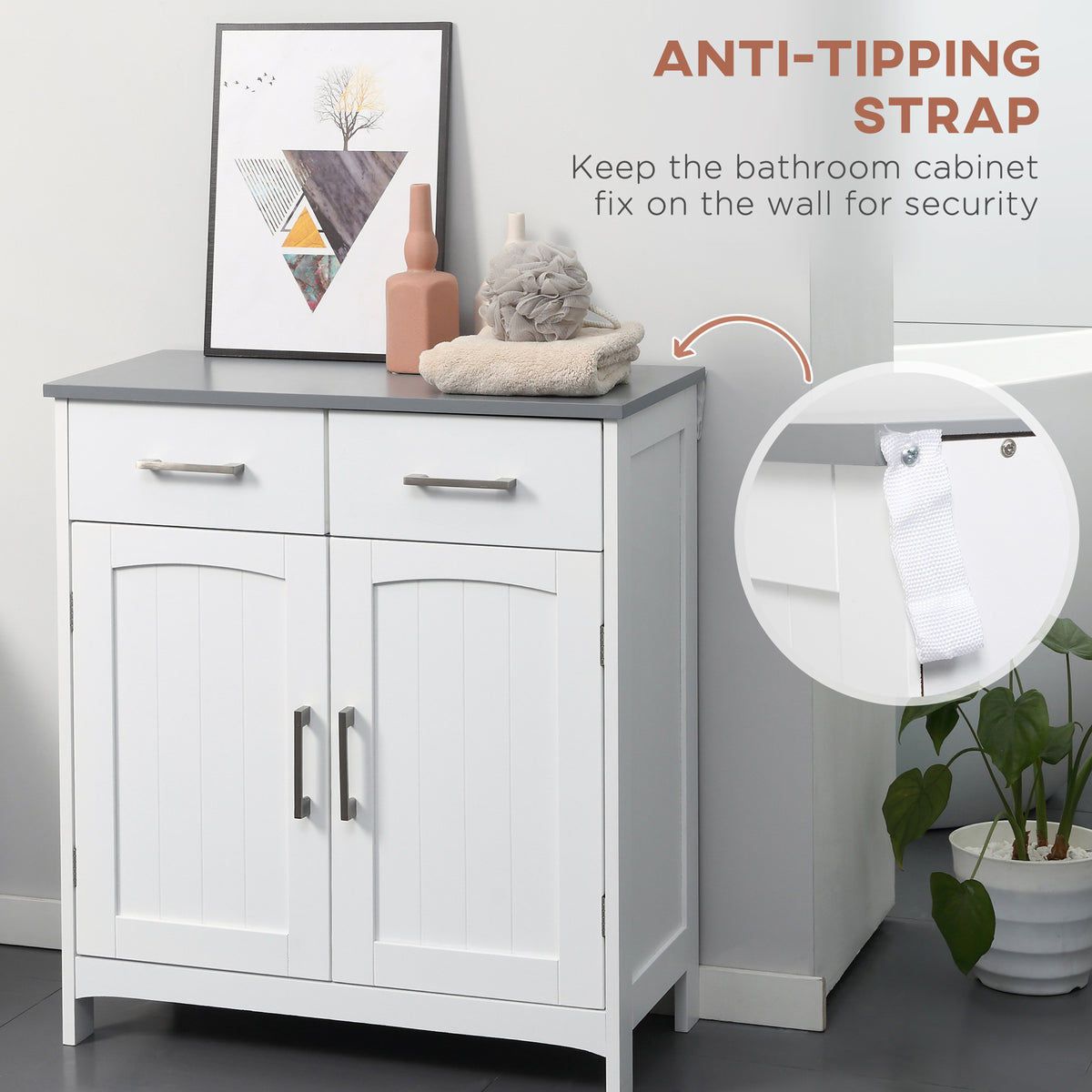 Freestanding Bathroom Cabinet, Storage Cupboard with 2 Drawers, Double Doors, Adjustable Shelf, White
