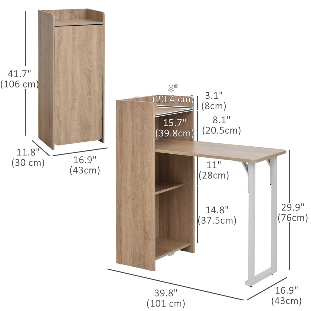 2 In 1 Folding Table, Drop Leaf Table, Space Saving Dining Table with 4-Tier Shelf for Small Spaces, Oak