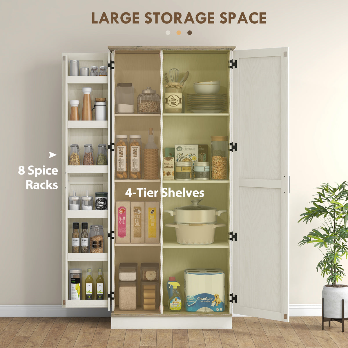 70" Tall Kitchen Pantry Cabinet with Door Shelves and Adjustable Shelves, Cream White