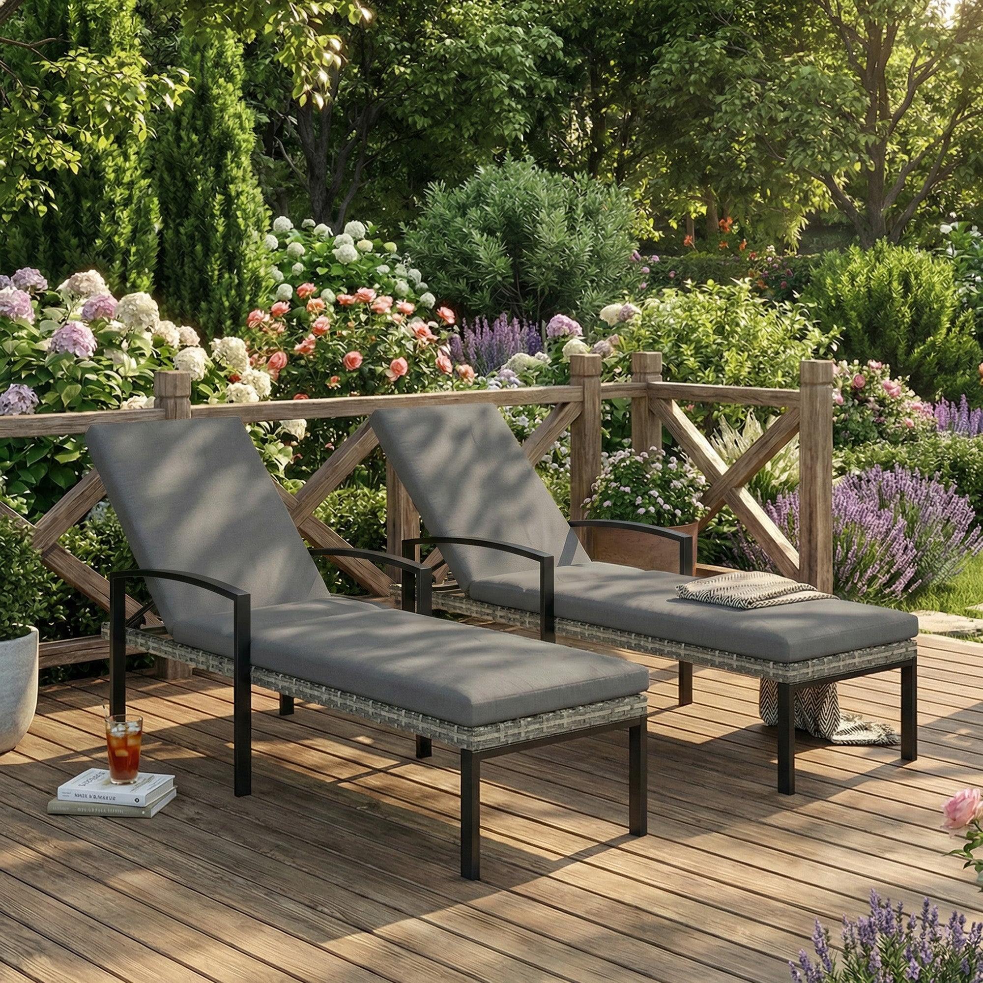 Chaise Lounge Chairs Outdoor, Set of 2 Wicker Patio Lounge Chairs with 5-Level Adjustable Backrest, Cushion