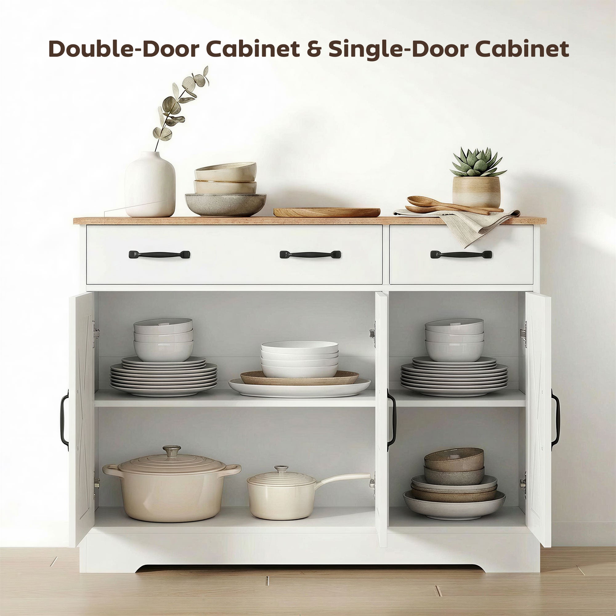 Sideboard Buffet Cabinet, 55" Farmhouse Kitchen Cabinet with 4 Barn Doors, 3 Drawers, 3 Adjustable Shelves, White
