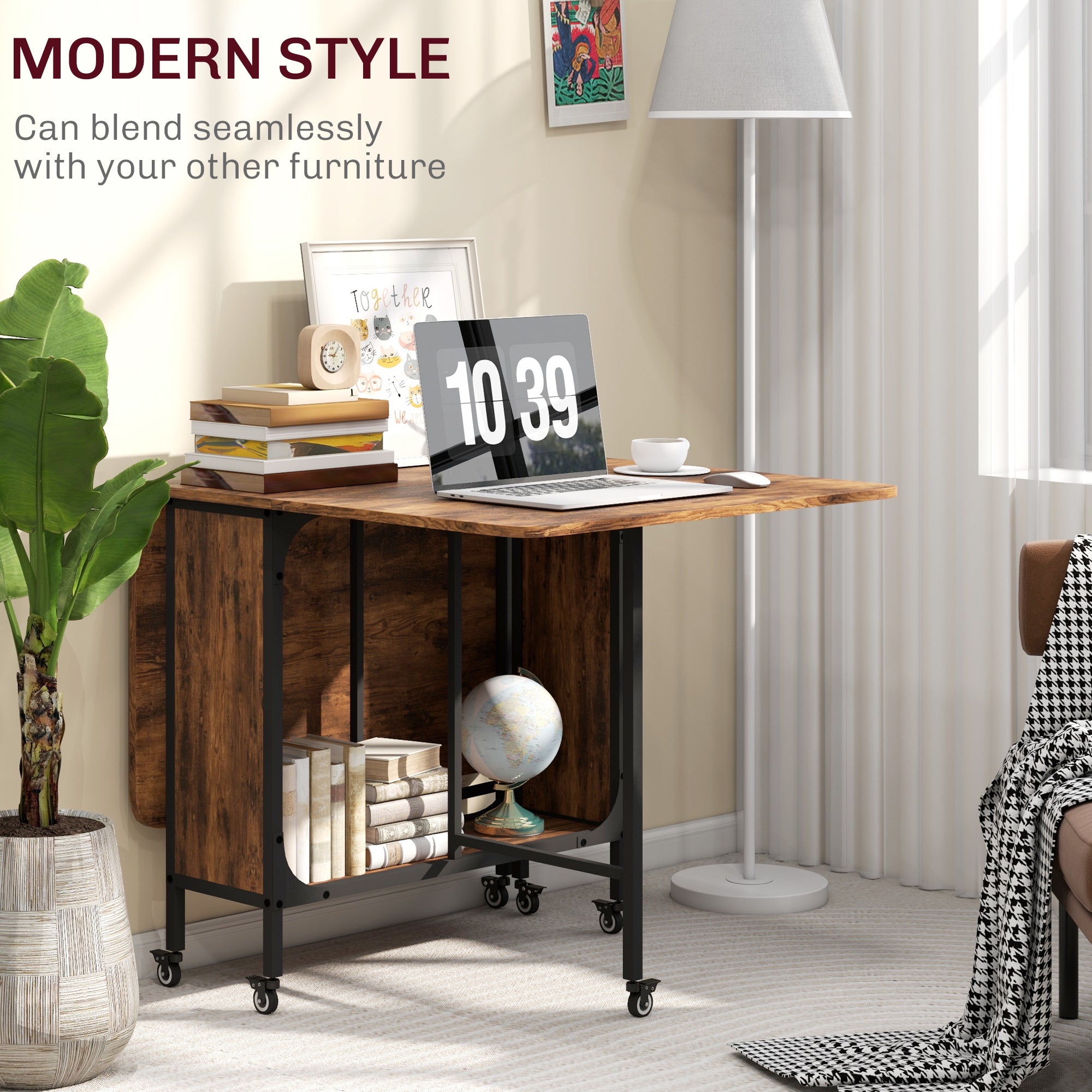 Folding Dining Table, Extendable Kitchen Table for Small Spaces with Storage Shelf and 6 Wheels, Rustic Brown