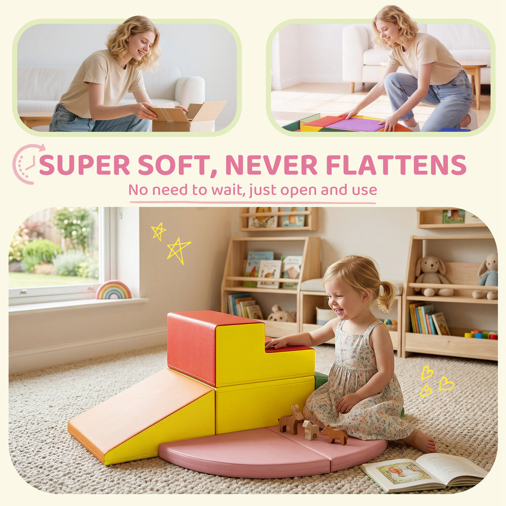 Qaba 6-Piece Soft Play for 12-36 Months Toddlers to Climb, Crawl, Slide, Red, Pink