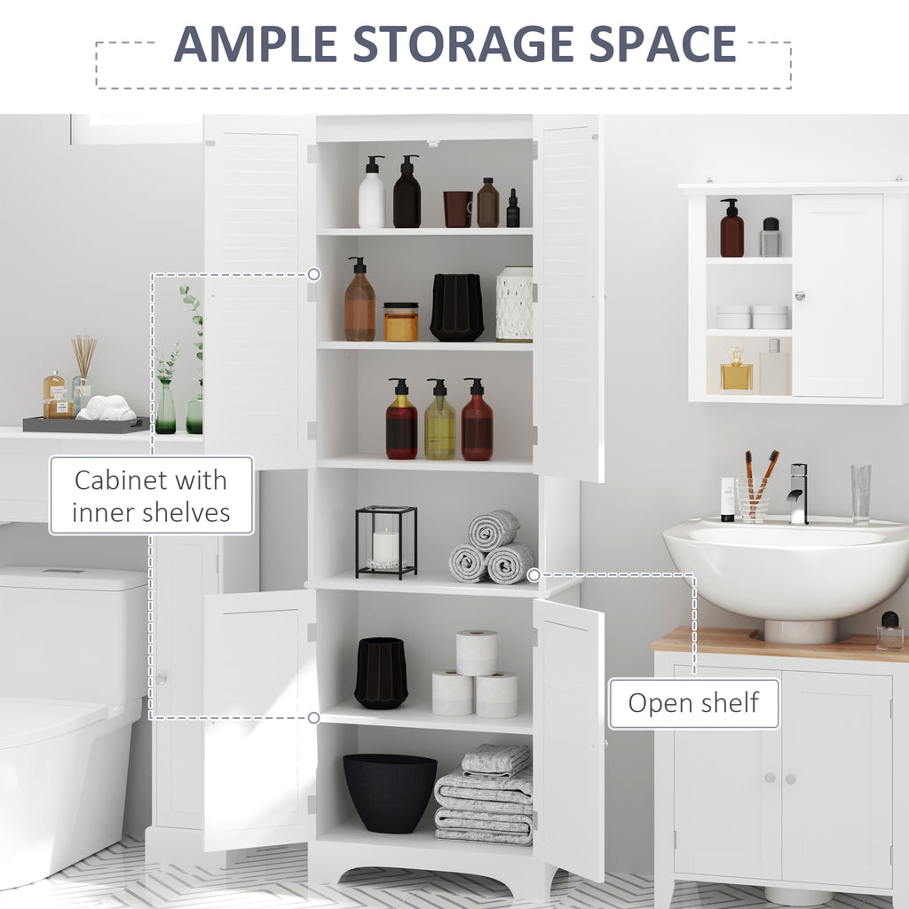 Tall Bathroom Storage Cabinet, Slim Bathroom Cabinet with 4 Shutter Doors and Adjustable Shelves, Toilet Vanity Cabinet, Narrow Organizer, White