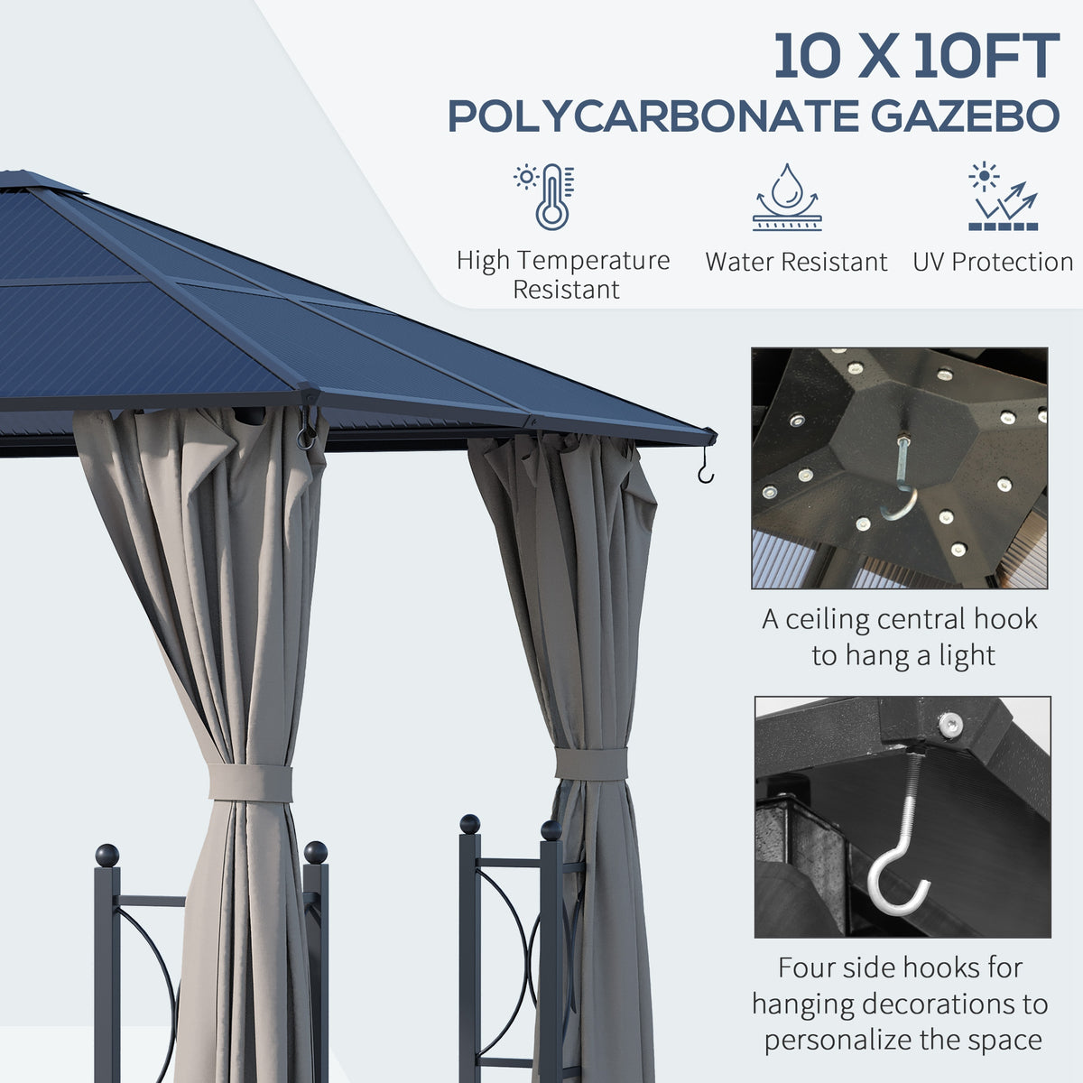 10' x 10' ሃርድቶፕ ጋዜቦ ብፒሲ ቦርድ ጣሪያን ኣሉሚኒየም ፍሬምን፣ ፓትዮ ጋዜቦ ምስ መጋረጃታትን መርበብታትን ንግብረ-ሓዳር ወይ ሰርግ ማርኪ ቴንት፣ ጸሊም