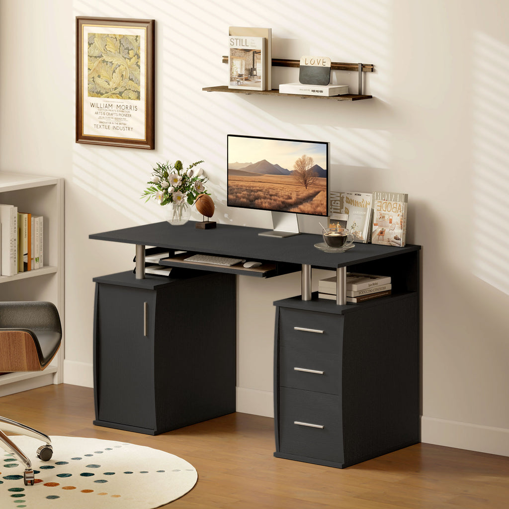 47" Computer Desk with Keyboard Tray and Storage Drawers, Home Office Workstation Table with Storage Shelves, White