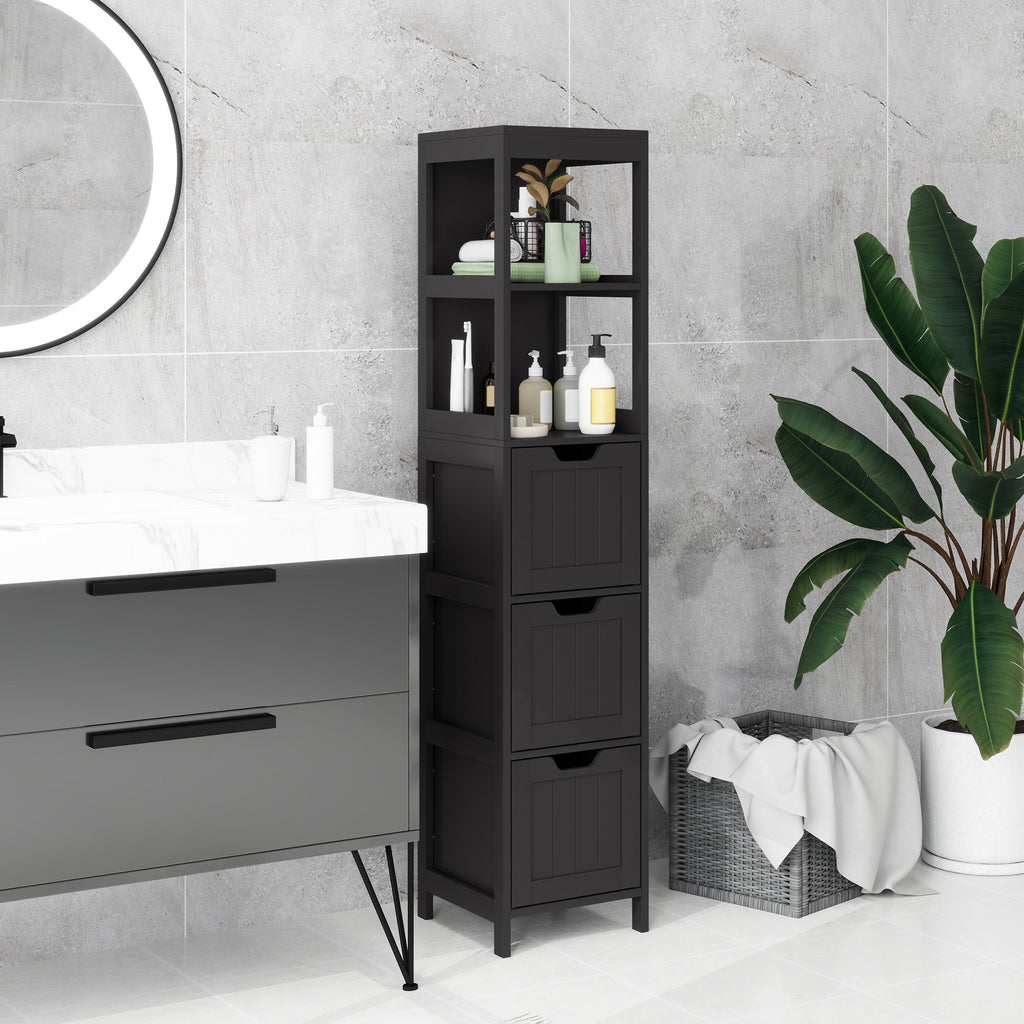 Narrow Bathroom Cabinet with 3 Drawers and 2 Tier Shelf, Tall Cupboard Freestanding Linen Tower, White