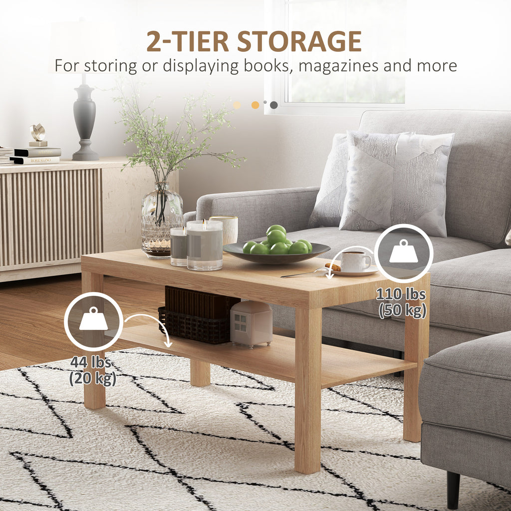 2 Tier Coffee Table with Storage Shelf, Rectangular Center Table for Living Room, Home Office Furniture Nature Wood