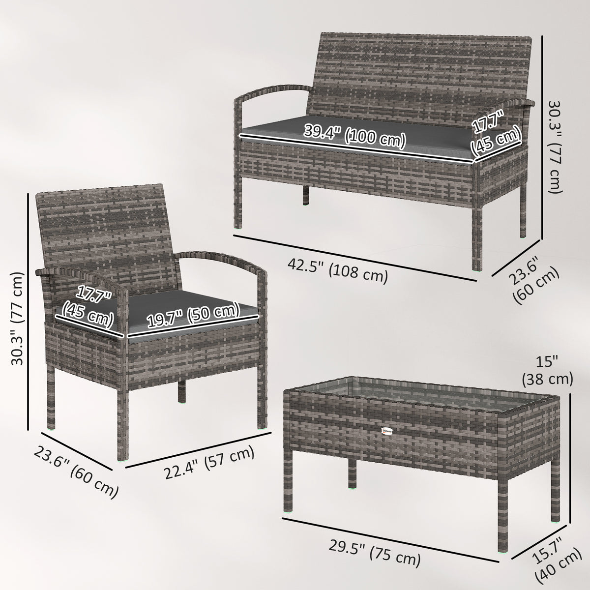 4 Pieces Patio Furniture Set with A Loveseat, Two Armchairs and A Coffee Table, Outdoor Conversation Set, Dark Grey