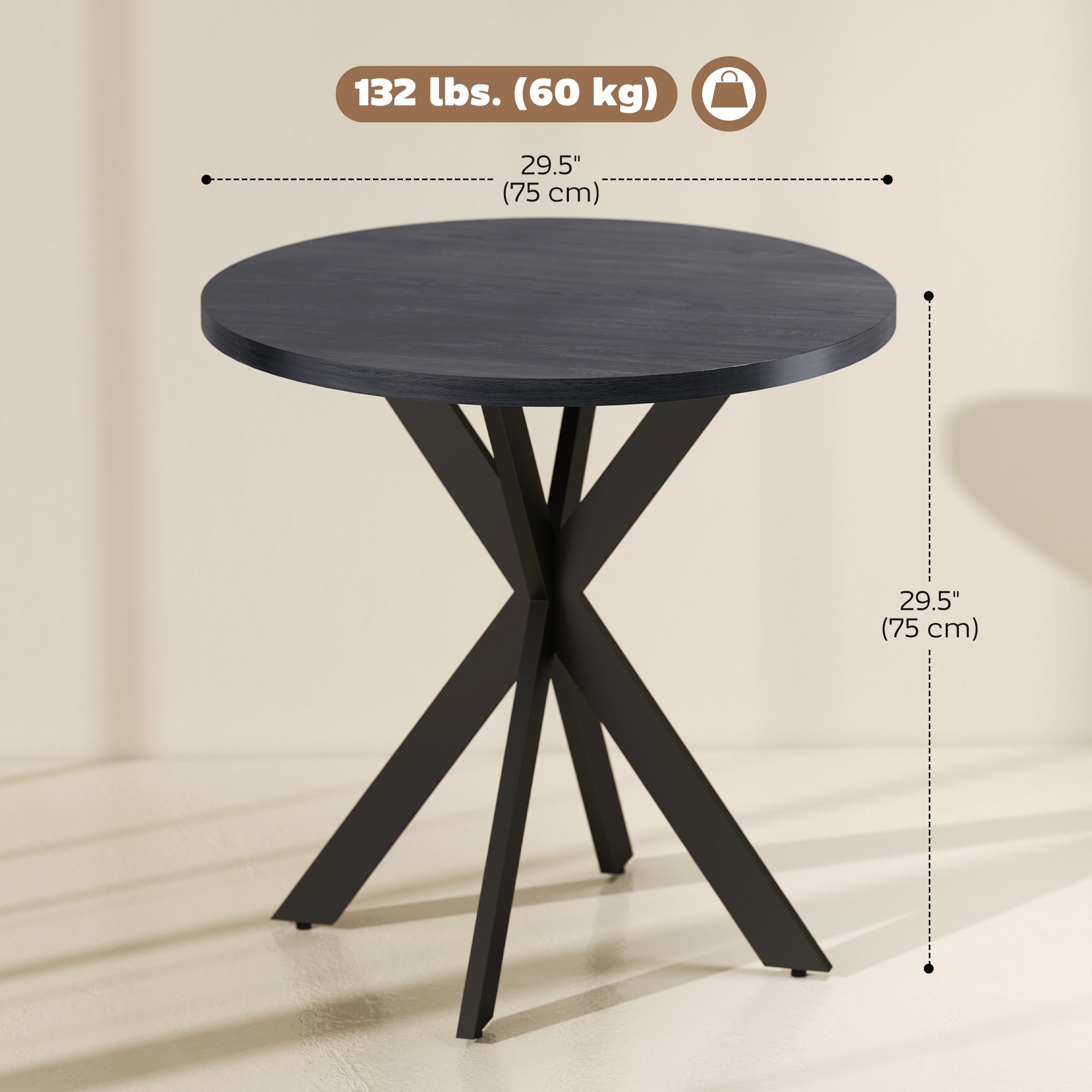 29" Dining Table, Contemporary Round Kitchen Table with Steel Legs, Brown