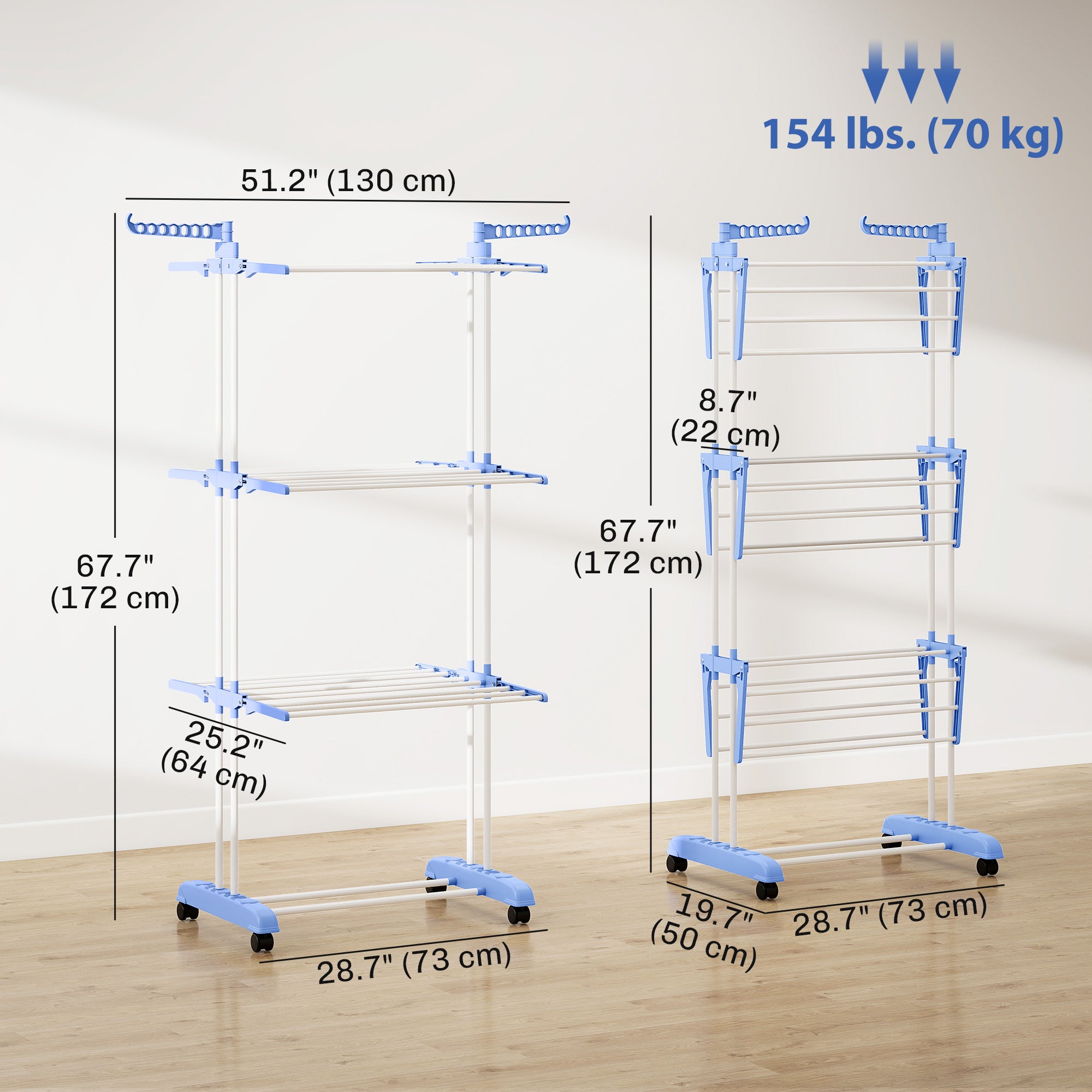 Foldable Clothes Drying Rack, 4-Tier Steel Laundry Rack for Drying Clothes with 2 Side Wings and 4 Castors, Indoor and Outdoor Use, Black