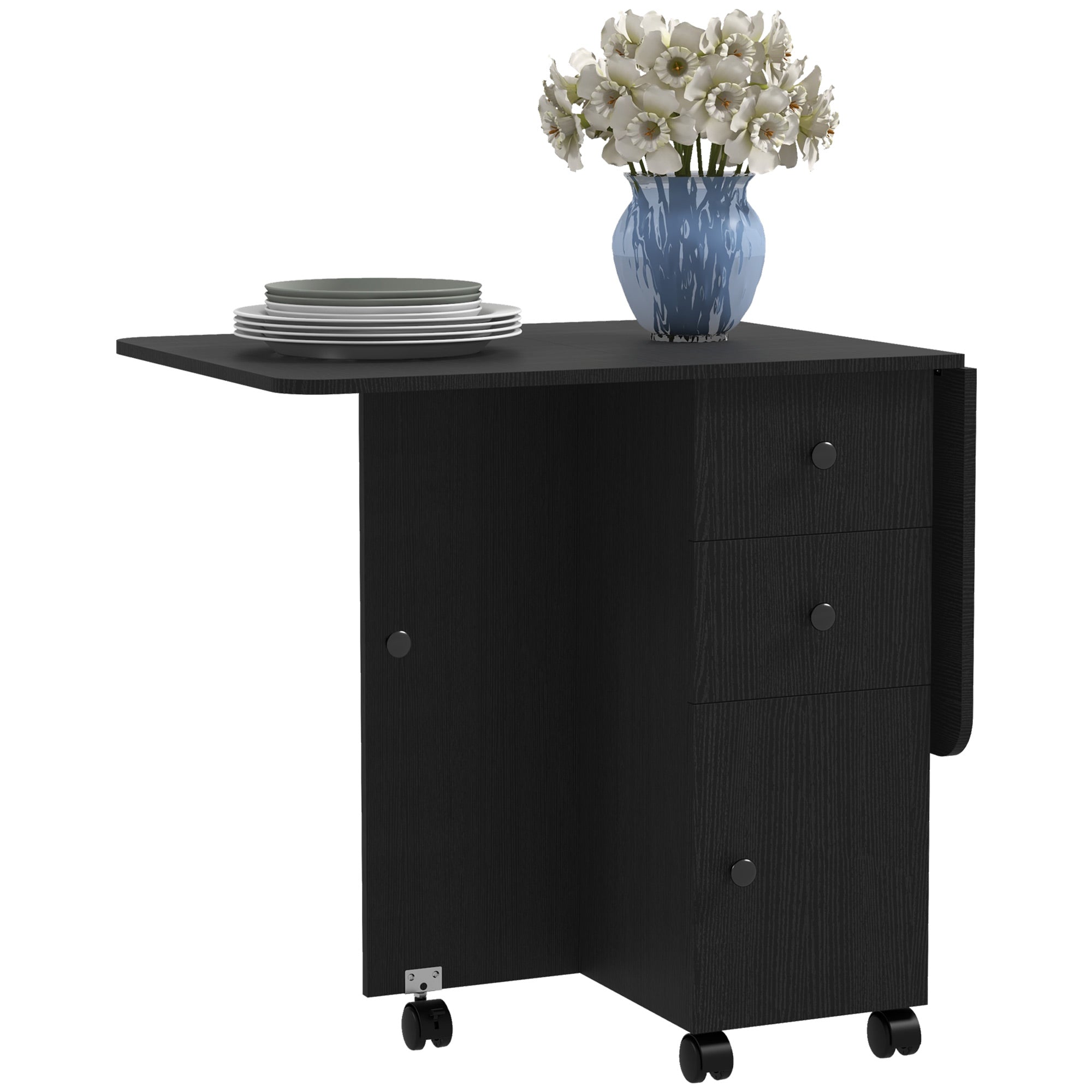 Drop Leaf Dining Table, Mobile Folding Table on Wheels with Drawers and Cabinet for Dining Room, Kitchen, Brown