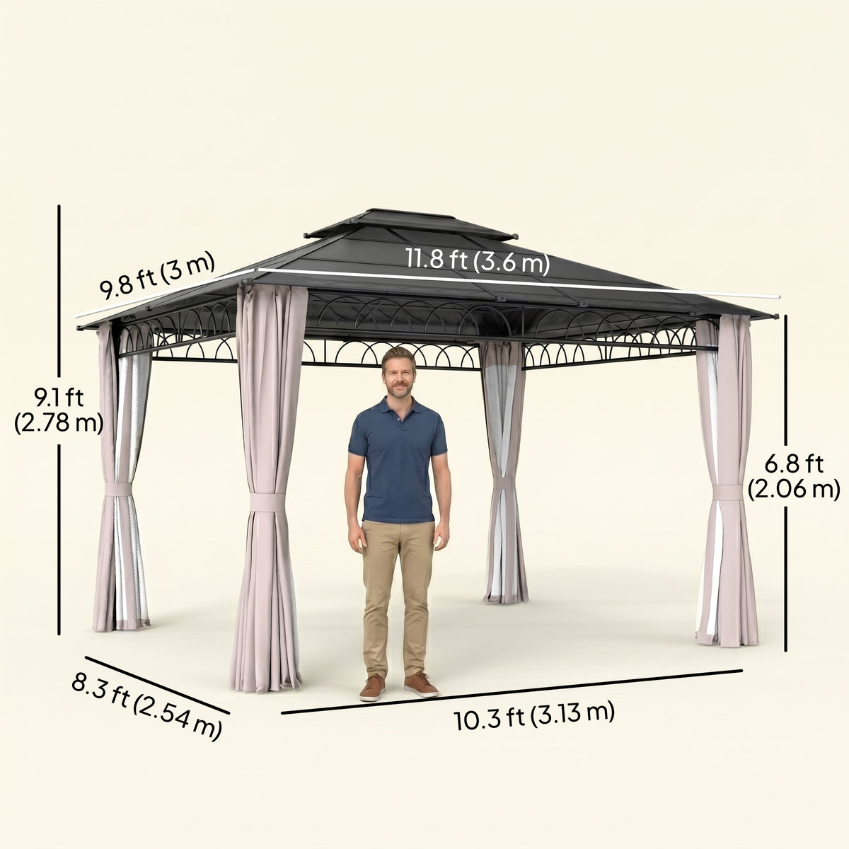 10' x 12' Outdoor Gazebo Canopy, Double Roof Hardtop Gazebo with Polycarbonate Roof, Steel Frame, Nettings and Curtains, for Garden, Lawn, Backyard and Deck, Khaki