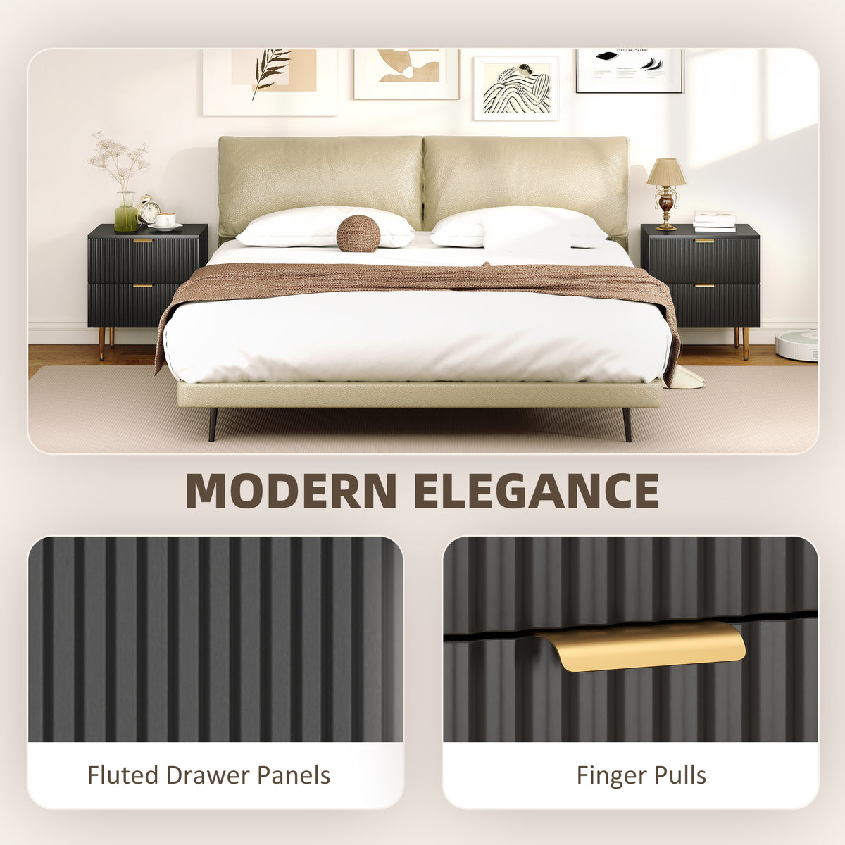 Bedside Table Set of 2, Modern Nightstand with 2 Drawers, Side End Table with Metal Legs for Living Room, Bedroom, Black