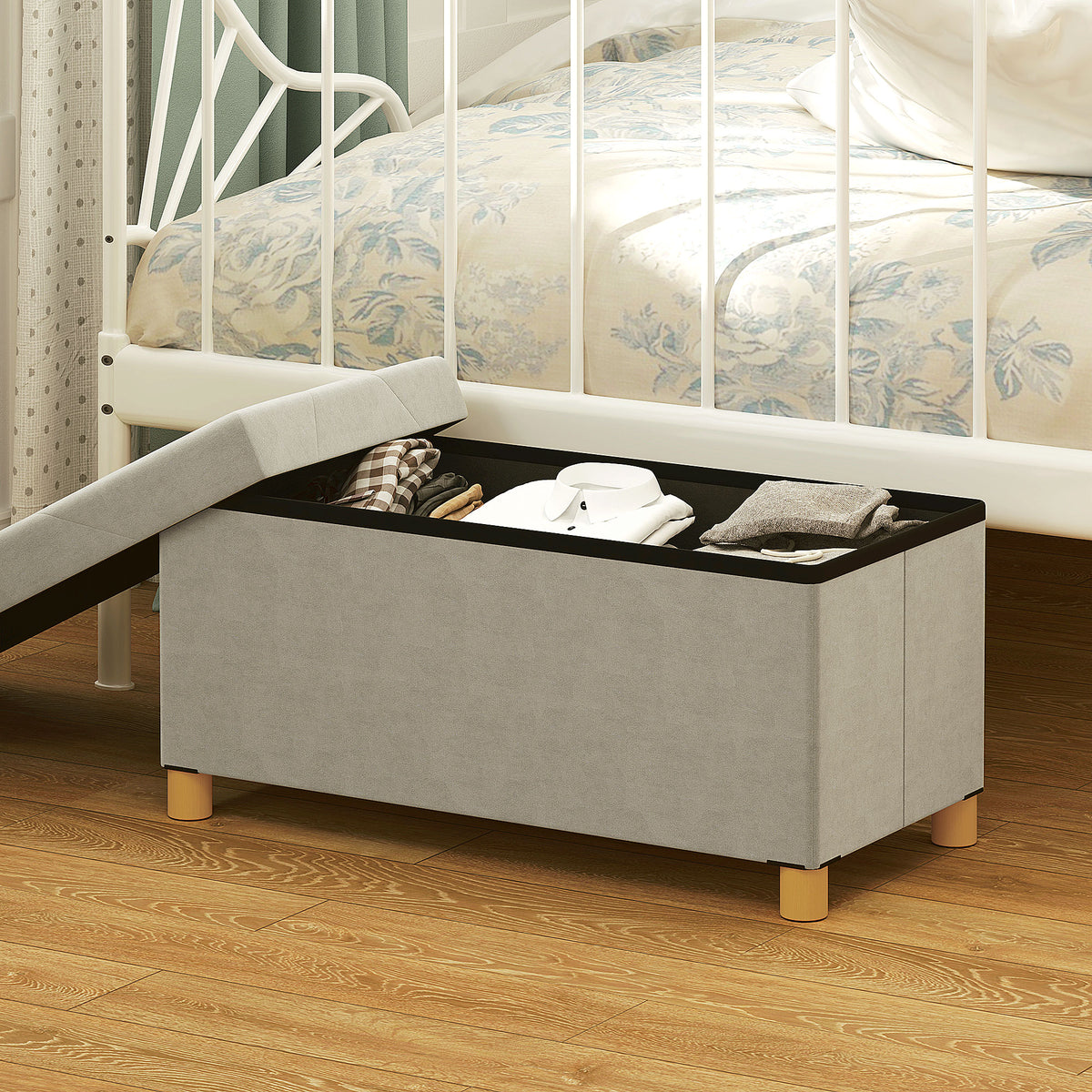 Storage Ottoman Bench, Velvet Upholstered Foldable Ottoman Footrest, Foot Stool with Wood Legs for Living Room, Bedroom