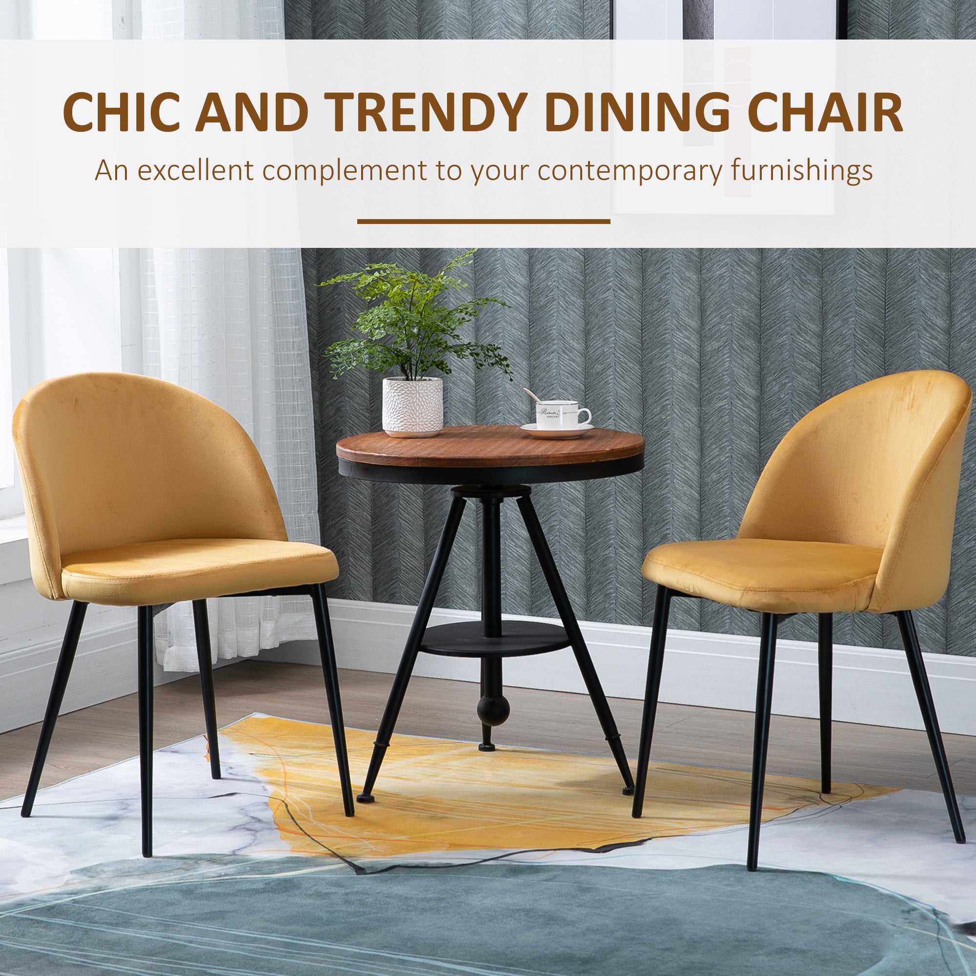 Set of 2 Mid-Back Dining Chair, Mid-Back Velvet-touch Upholstery Kitchen Chair for Living Room Dining Room, Yellow