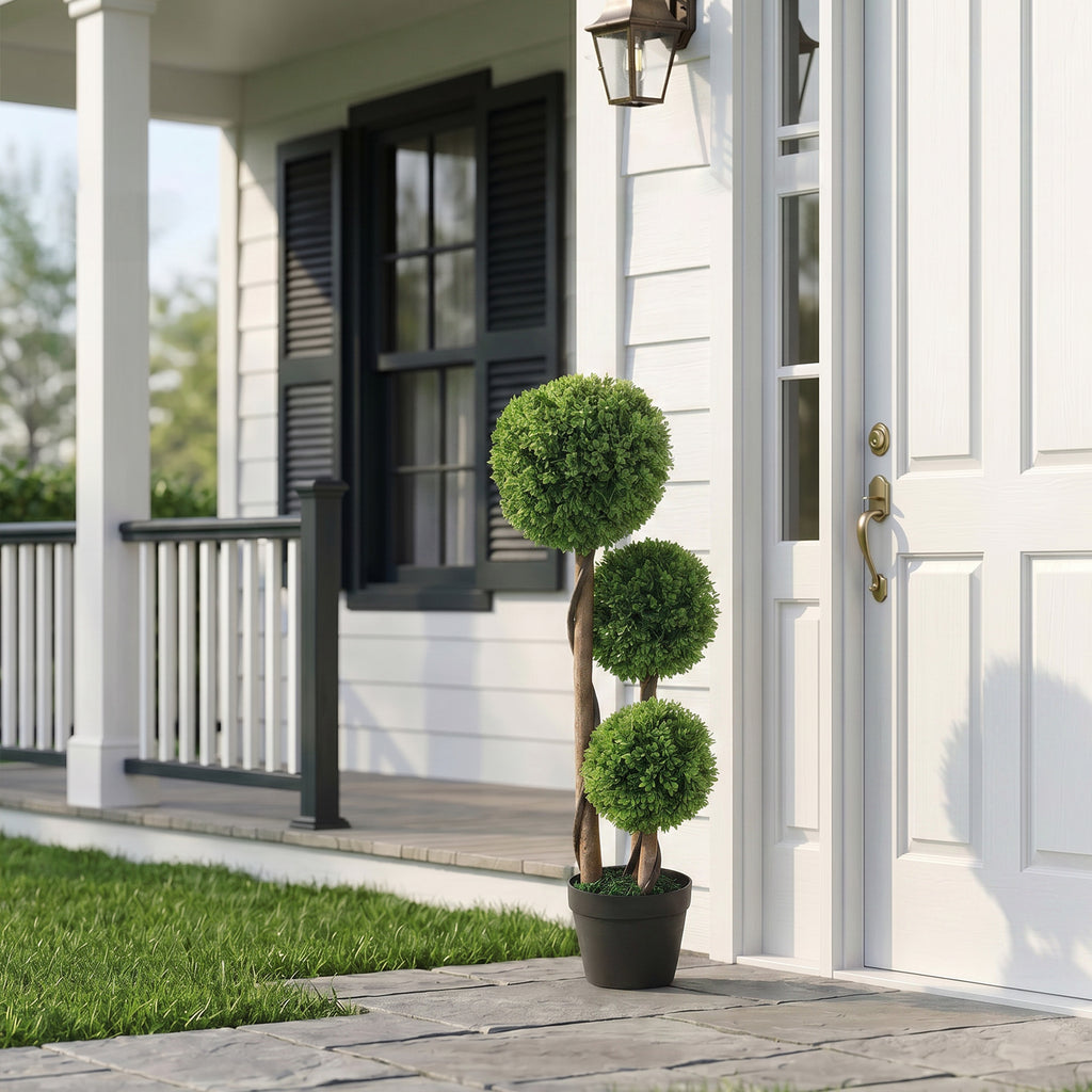 35 Inch 2 Pack Potted Fake Plant, Artificial Boxwood Topiary Trees, Triple Ball Tree for Indoor and Outdoor, Light Green
