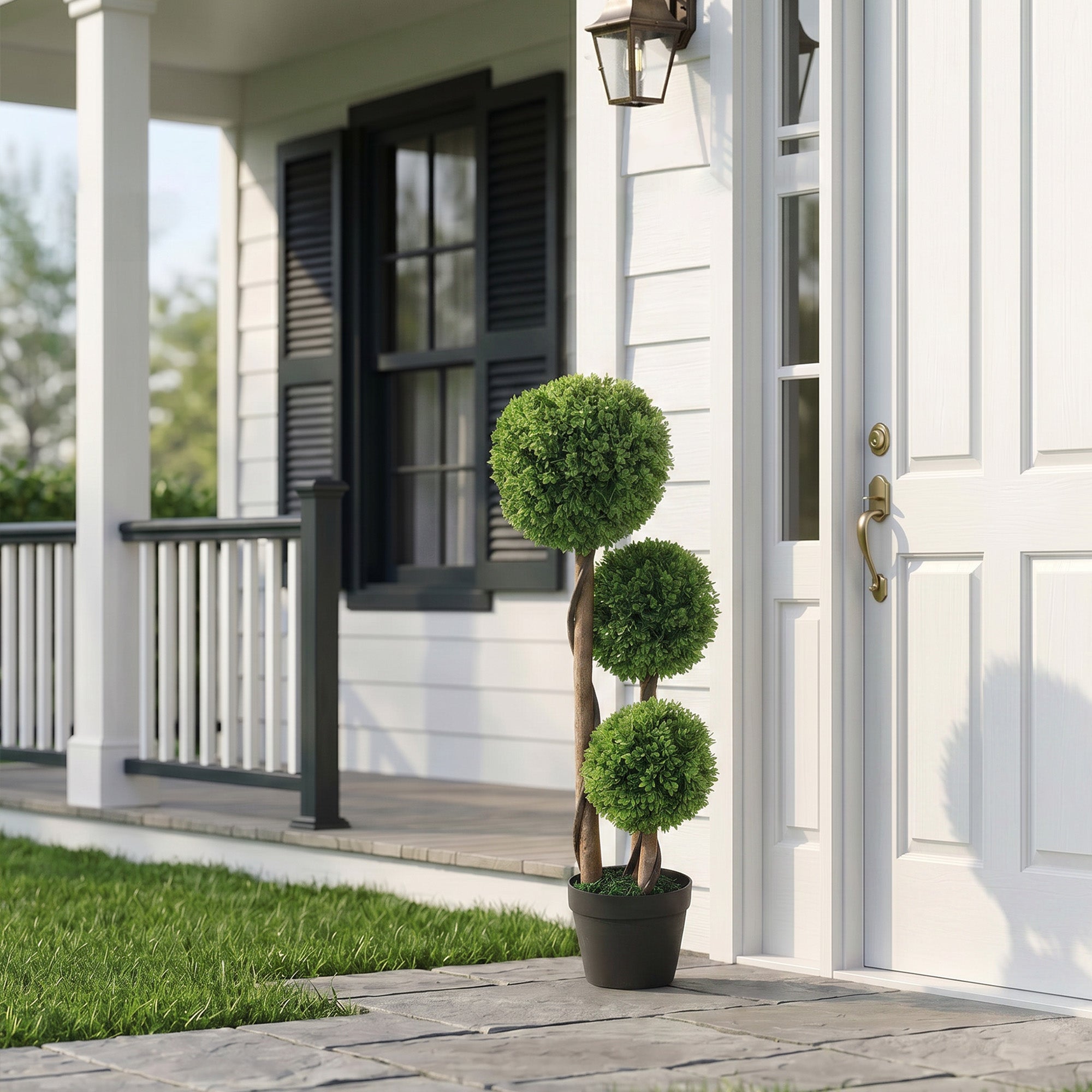 35 Inch 2 Pack Potted Fake Plant, Artificial Boxwood Topiary Trees, Triple Ball Tree for Indoor and Outdoor, Light Green