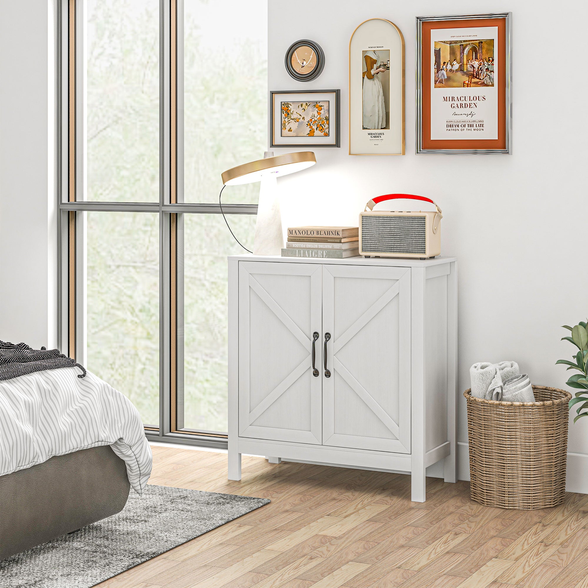 Sideboard Buffet, Kitchen Storage Cabinet with Barn Door and Adjustable Shelves, Storage Pantry, White Wood Grain