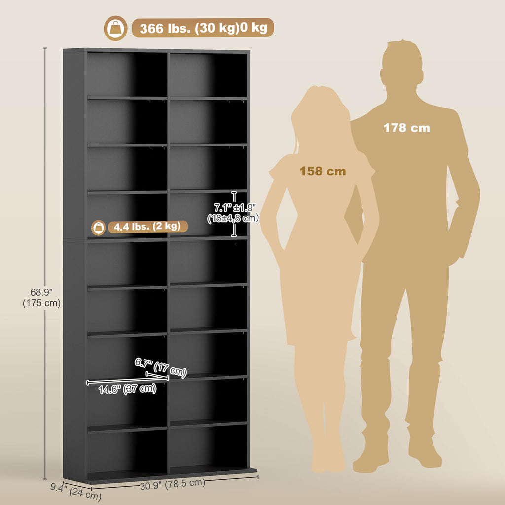 9-Tier DVD Shelf with 18 Compartments and 14 Adjustable Shelves, Holds 640 CDs, 360 DVDs or 430 Blu-rays, White