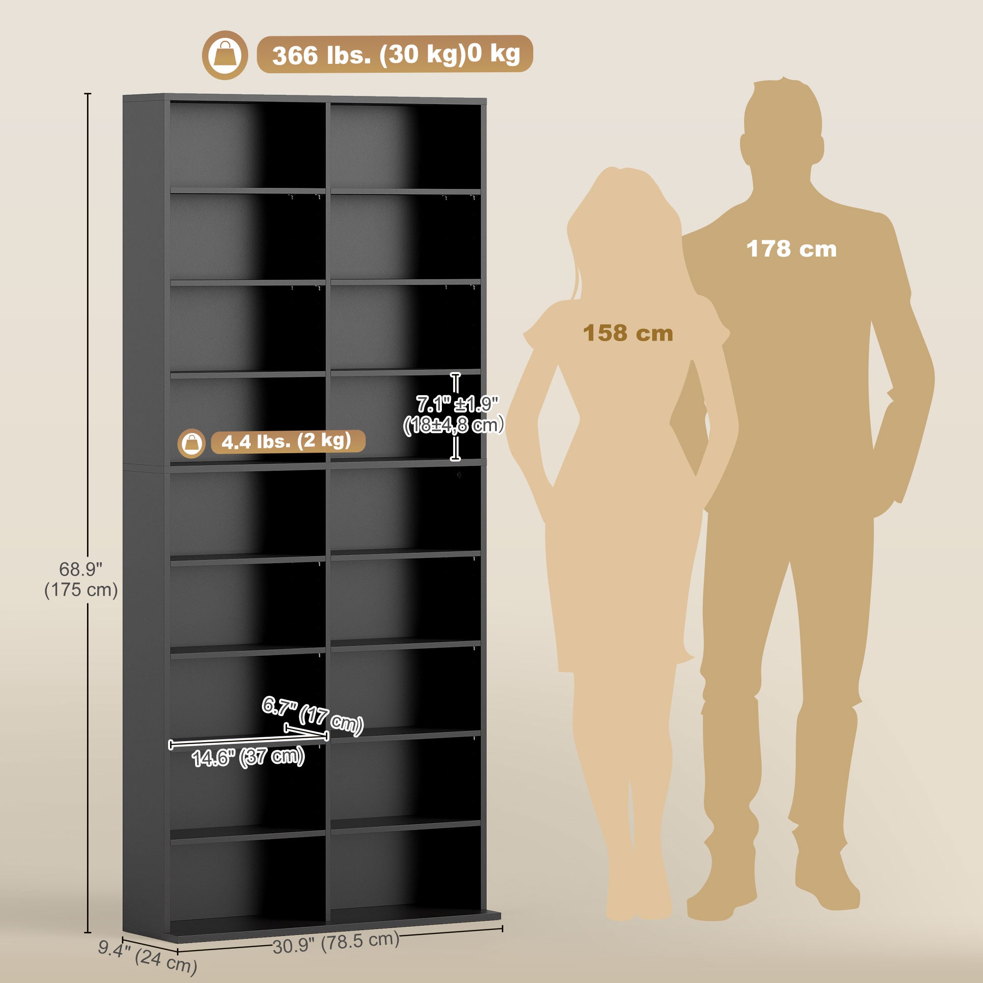 9-Tier DVD Shelf with 18 Compartments and 14 Adjustable Shelves, Holds 640 CDs, 360 DVDs or 430 Blu-rays, White