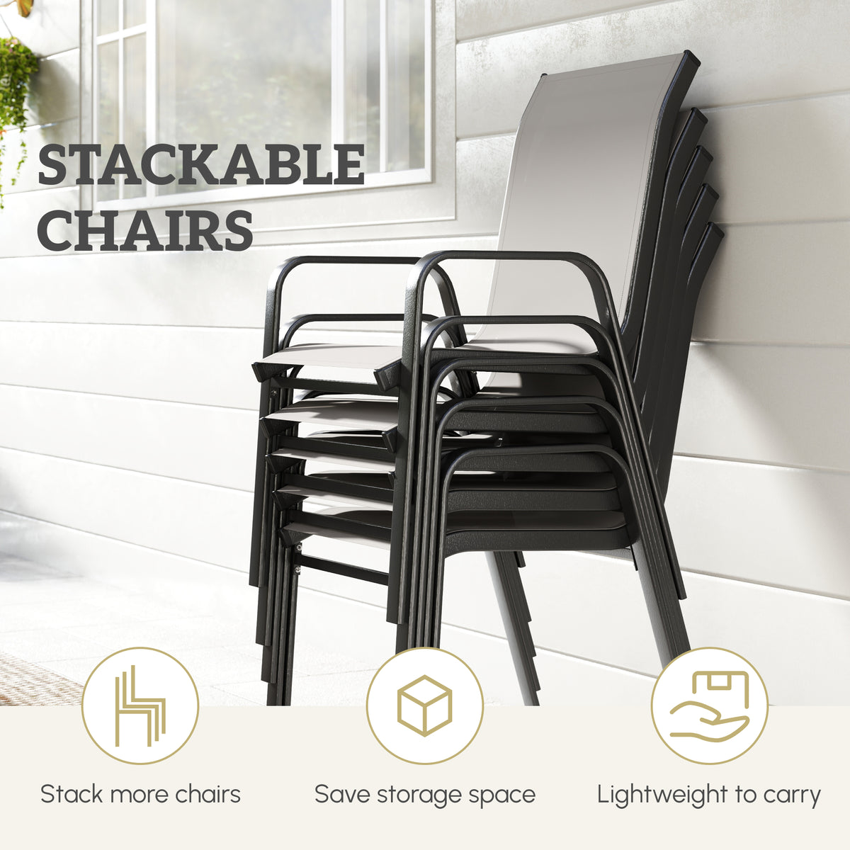 Outdoor Dining Sets for 8 with Stackable Chairs, Patio Dining Set with Glass Top Table for Garden, Patio, Backyard, Dark Grey