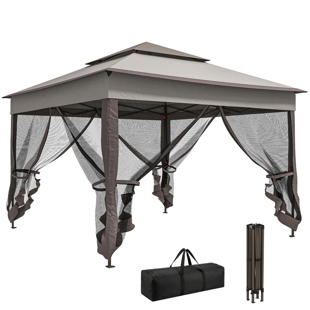 11' x 11' Pop Up Canopy 2-Tier Soft Top Shelter Event Tent w/ Netting Carry Bag for Patio Backyard Garden, Mixed Grey