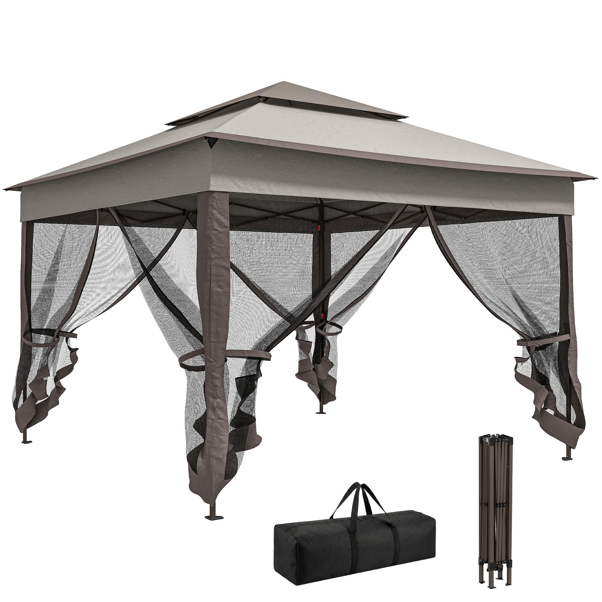 11' x 11' Pop Up Canopy 2-Tier Soft Top Shelter Event Tent w/ Netting Carry Bag for Patio Backyard Garden, Mixed Grey