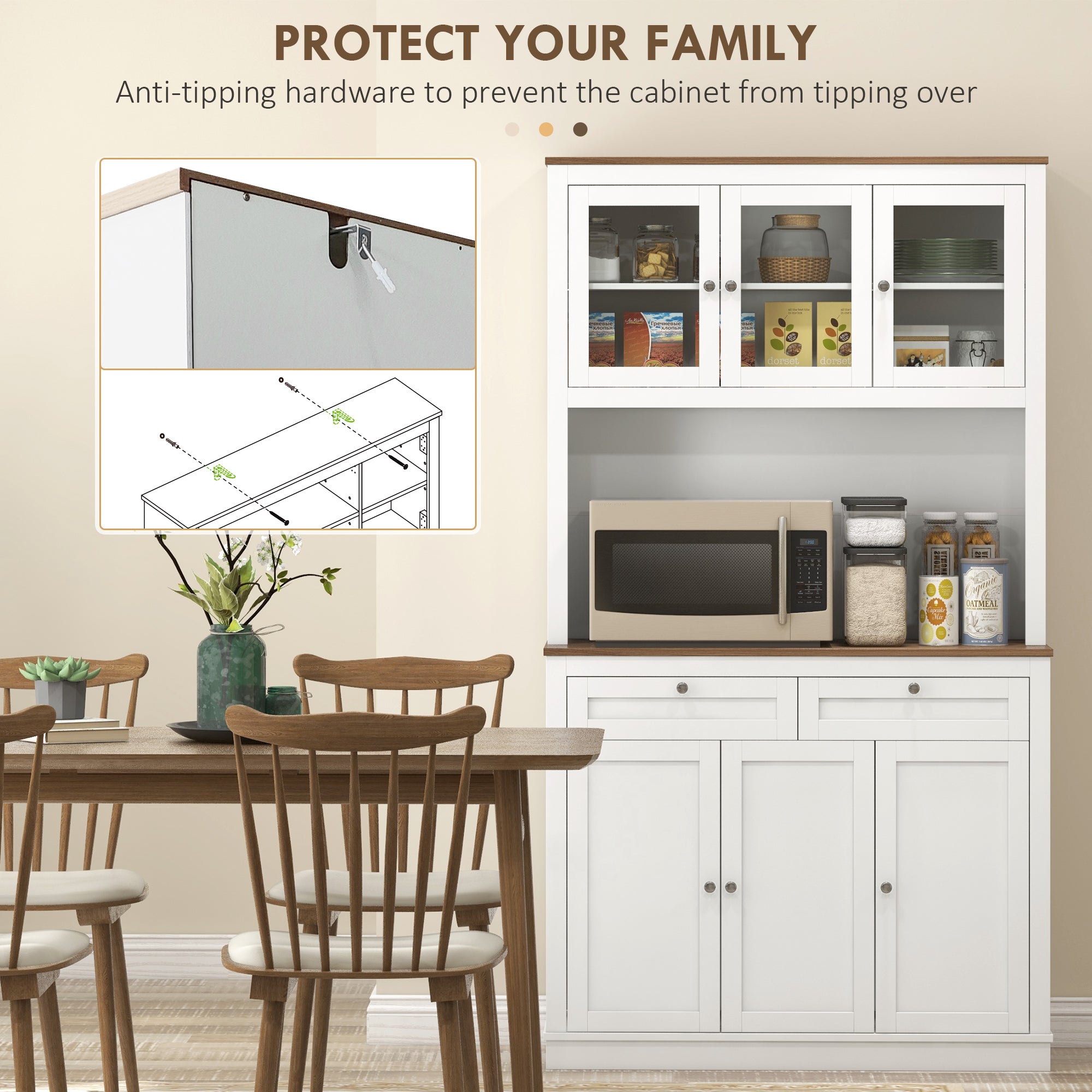 71" Pantry Cabinet with Microwave Space, Kitchen Cabinet with Hutch, 2 Drawers, Adjustable Shelves, Glass Doors, White