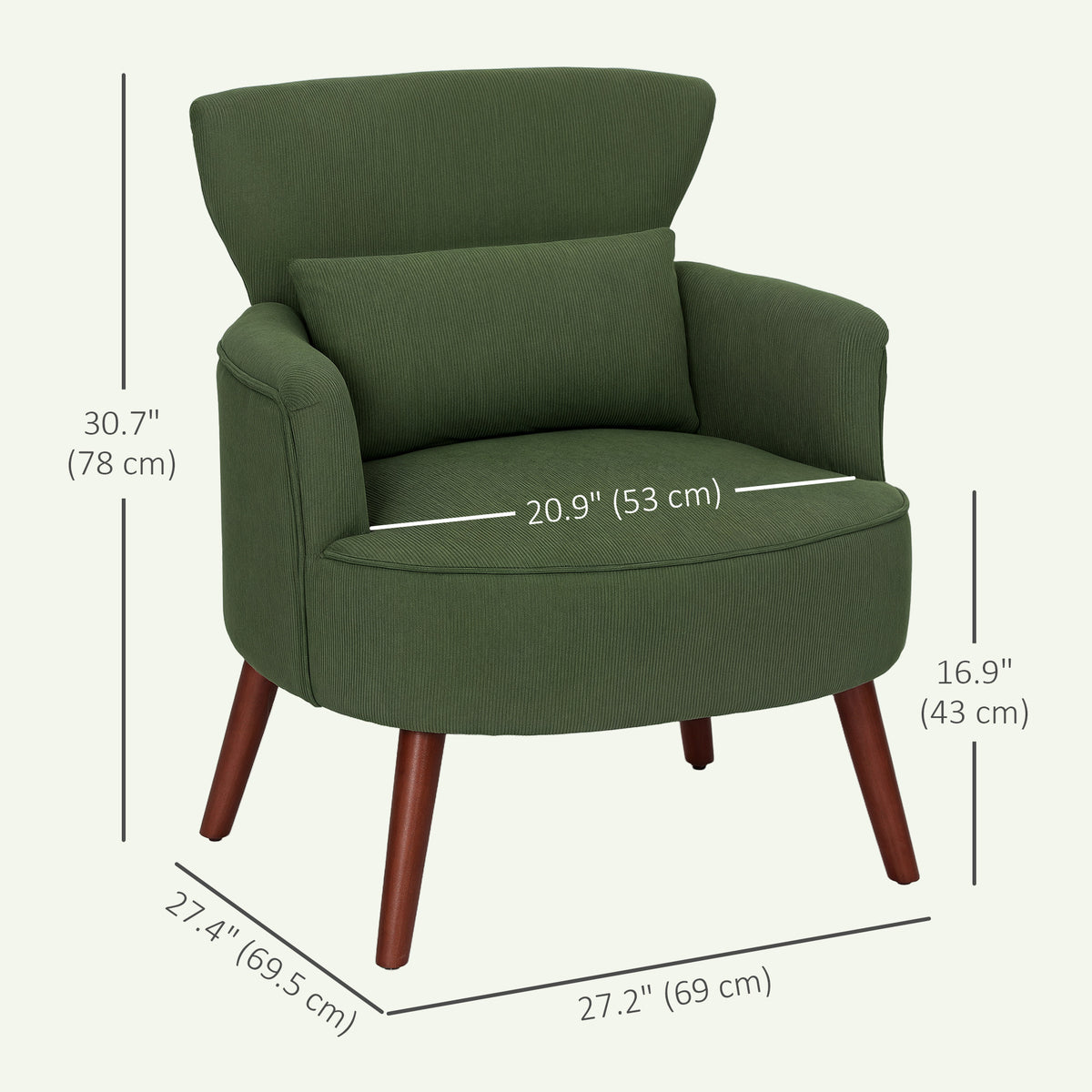 Modern Accent Chair, Upholstered Armchair with Solid Wood Legs and Lumbar Pillow for Living Room, Green