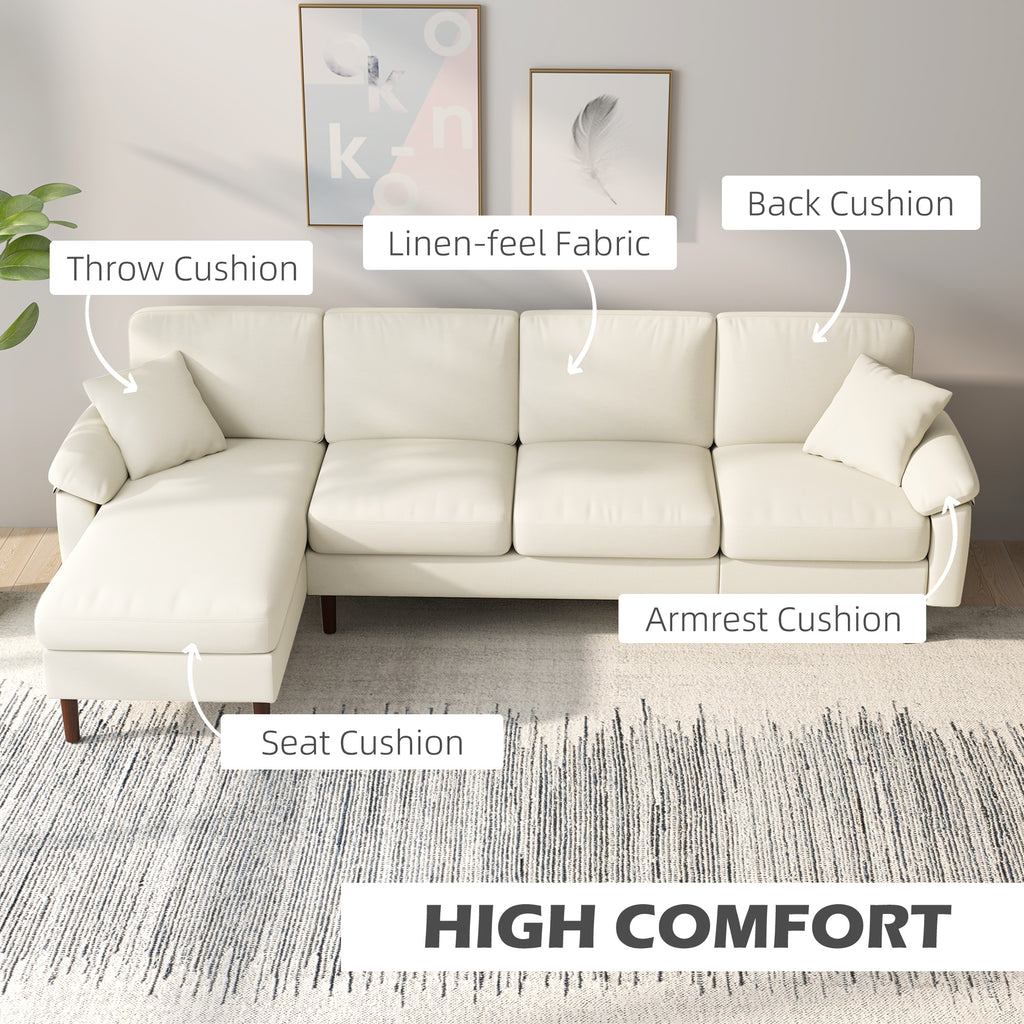 L-Shape Sofa, Modern Sectional Couch with Changeable Chaise Lounge, Pillows and Wooden Legs for Living Room, Cream White