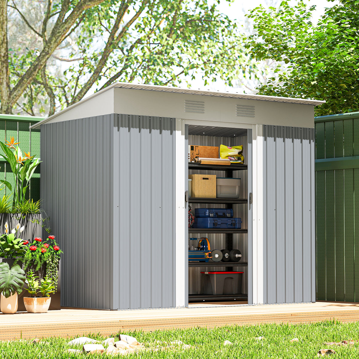 7' x 4' Outdoor Storage Shed, Metal Garden Shed with Lockable Sliding Doors and Vents, Grey