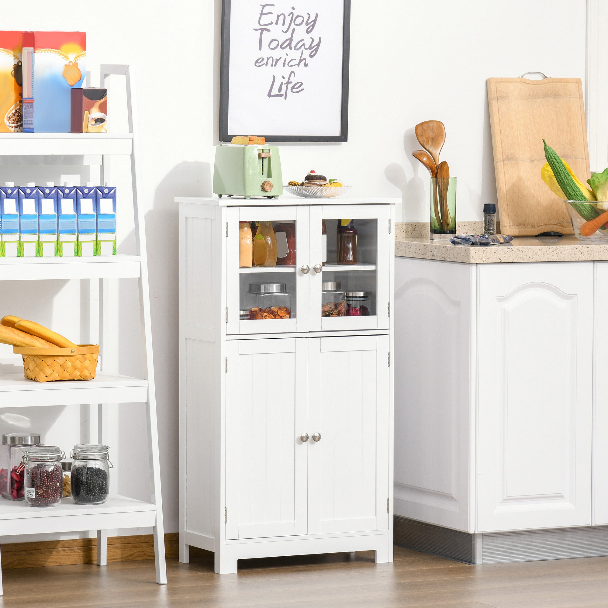 Bathroom Floor Storage Cabinet with Tempered Glass Doors and Adjustable Shelf, Kitchen Cupboard, Free Standing Organizer for Living Room Entryway, White
