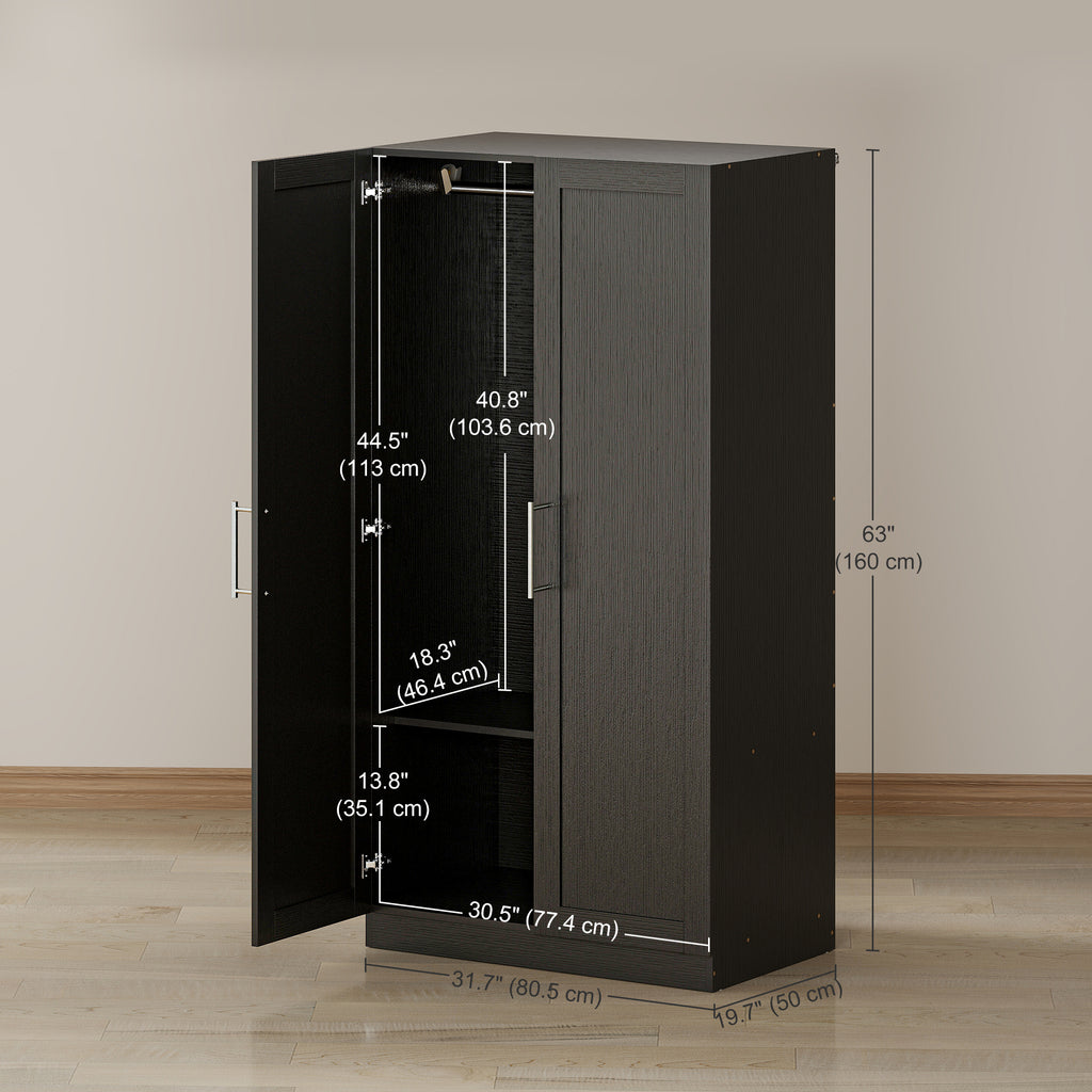 Wardrobe Cabinet with 2 Doors and Hanging Rod, Modern Armoire Wardrobe Closet for Bedroom, White Wood Effect