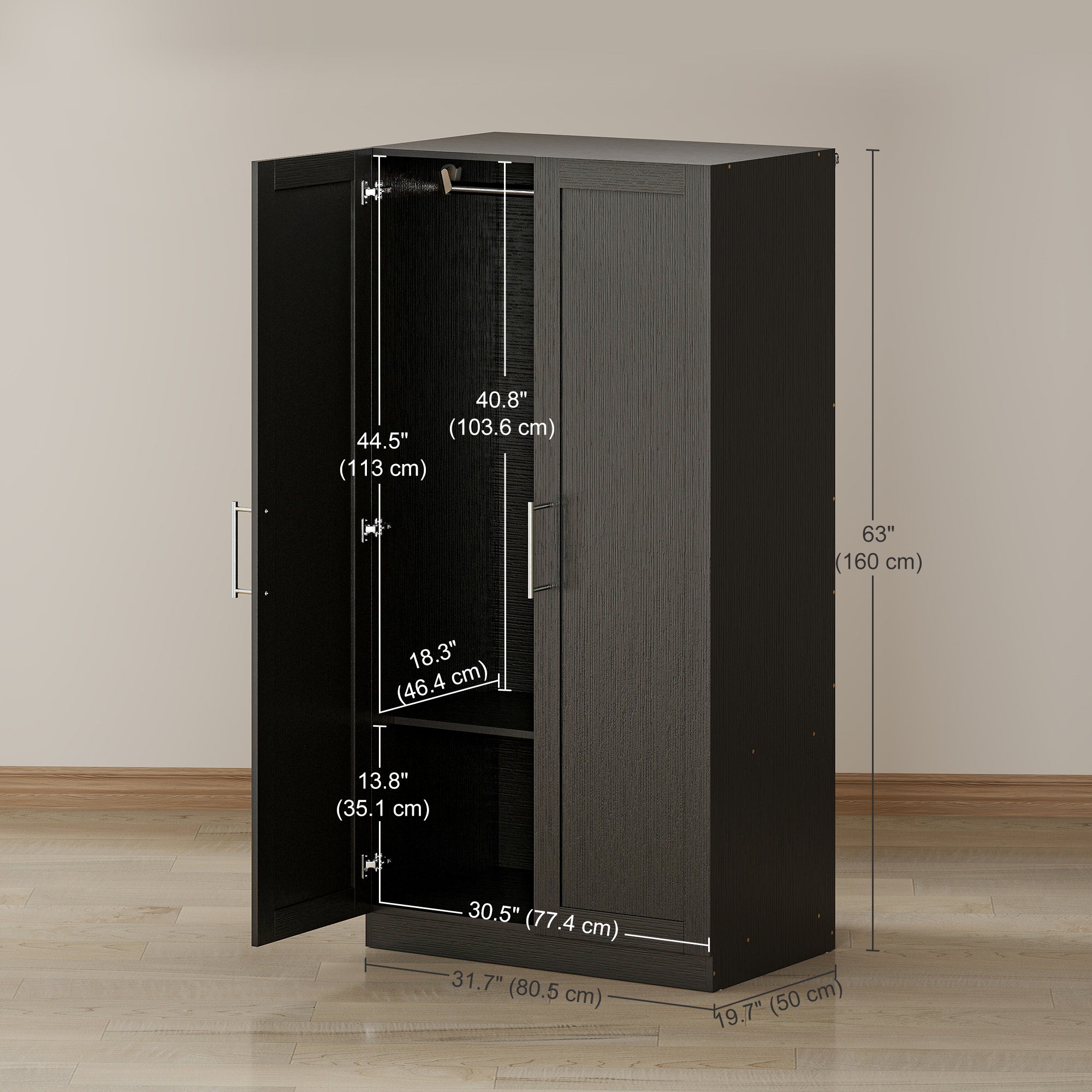 Wardrobe Cabinet with 2 Doors and Hanging Rod, Modern Armoire Wardrobe Closet for Bedroom, White Wood Effect