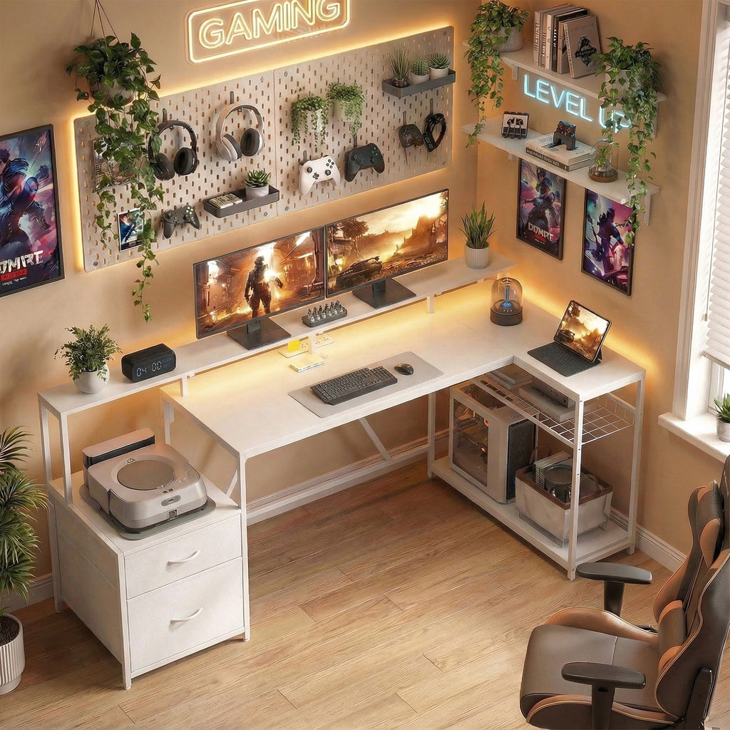 76" Gaming Desk, Reversible Computer Table with RGB Lights, USB Ports, Monitor Stand and 2 Fabric Drawers, White