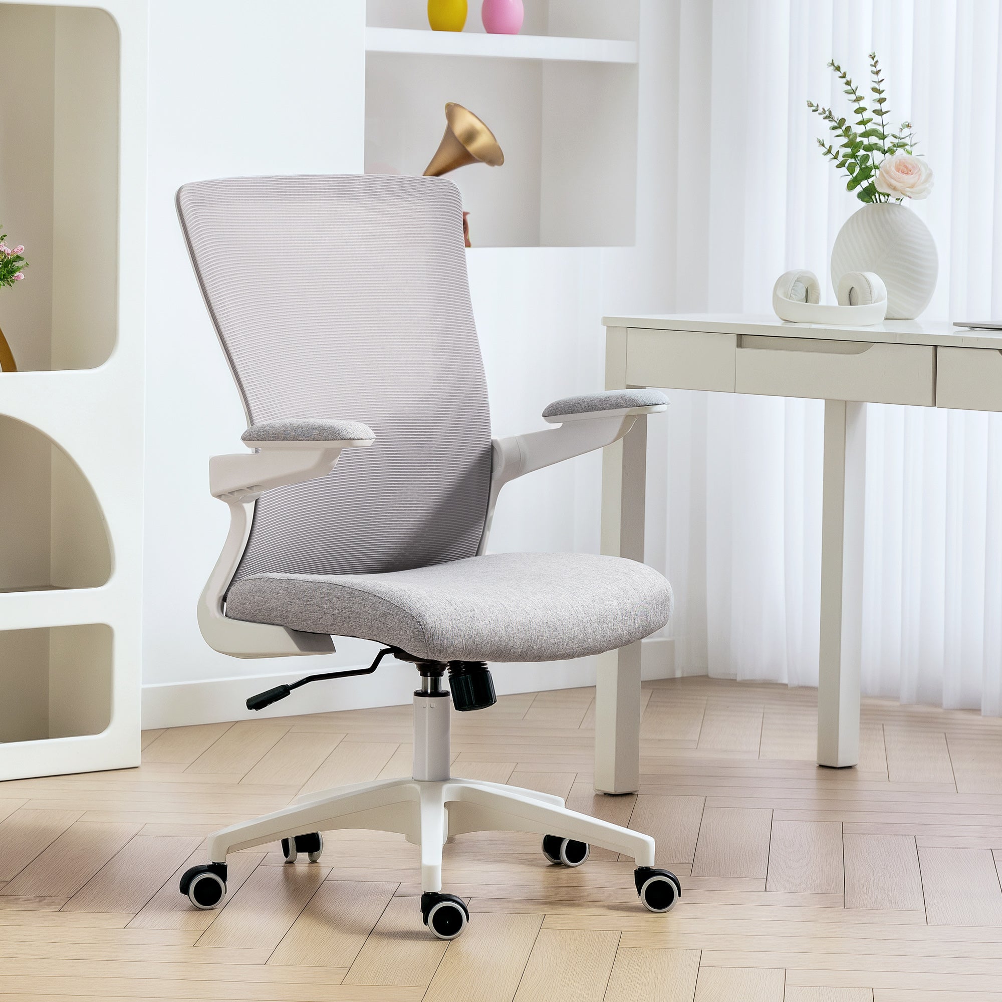 Ergonomic Office Chair, Swivel Desk Chair with Adjustable Lumbar Support and Height, Flip-up Armrests, Wheels, Grey
