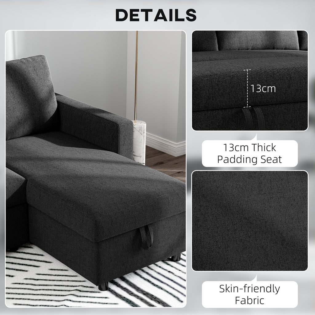 83" Sofa Bed, Pull Out Sleeper L Shaped Sectional Couch with Reversible Storage Chaise, Wide and Deep Seat, Black