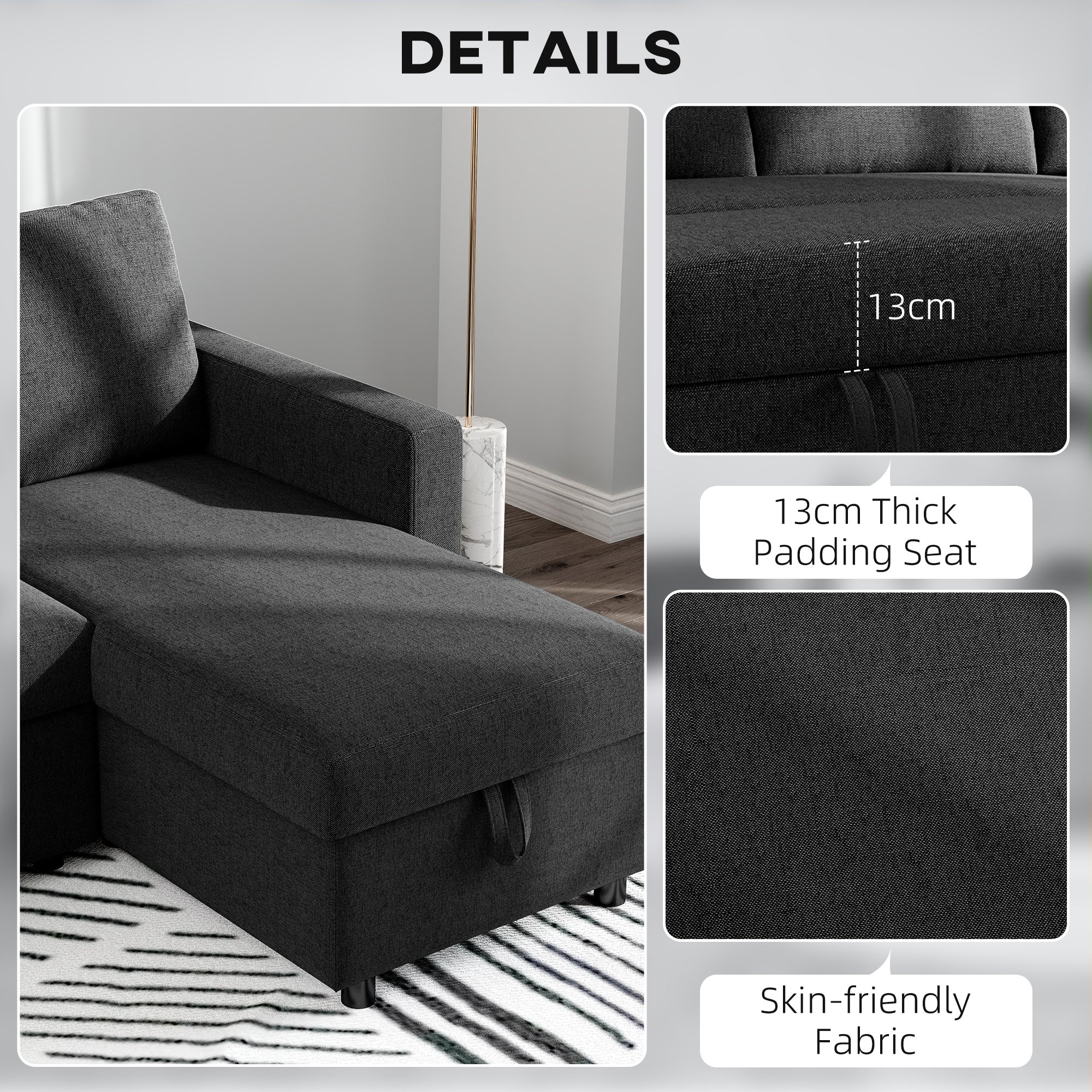 83" Sofa Bed, Pull Out Sleeper L Shaped Sectional Couch with Reversible Storage Chaise, Wide and Deep Seat, Black