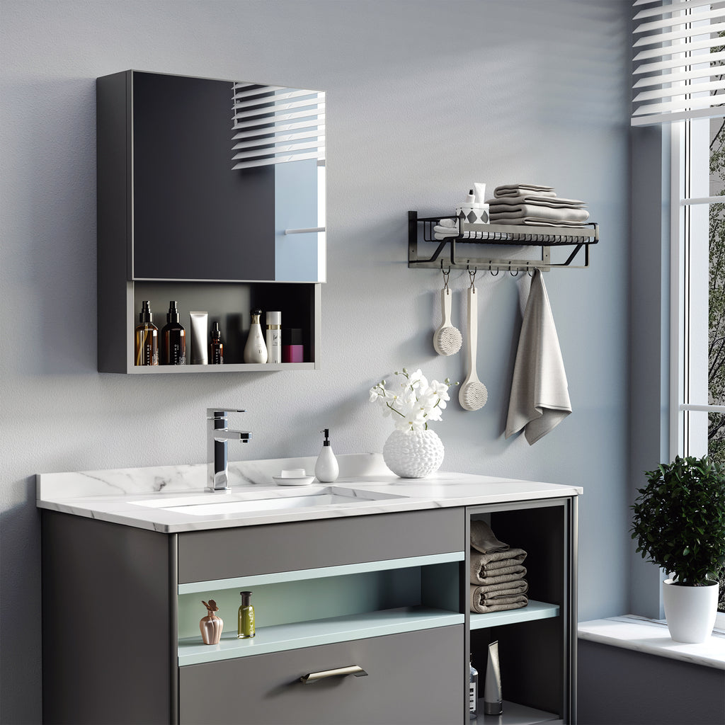 Bathroom Medicine Cabinet, Wall-Mounted Mirror Cabinet with Single Door, Storage Shelves and Stainless Steel Frame for Laundry Room, Black