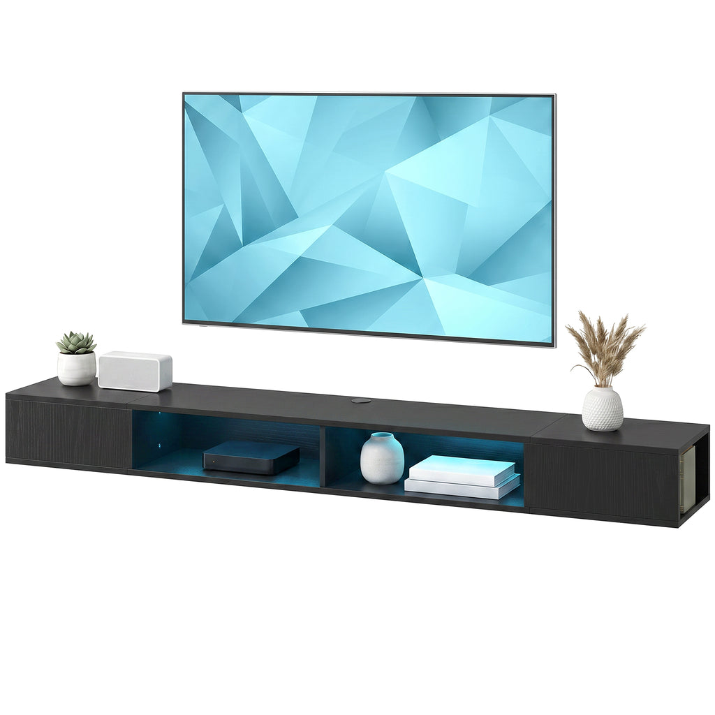ቲቪ ስታንድ ምስ RGB LED መብራህቲ፣ መዝናኛ ማእከል ምስ ክፍት መደርደሪ ን75 ኢንች ቲቪ፣ ጸሊም ዕጨይሽ ስንጭሮ