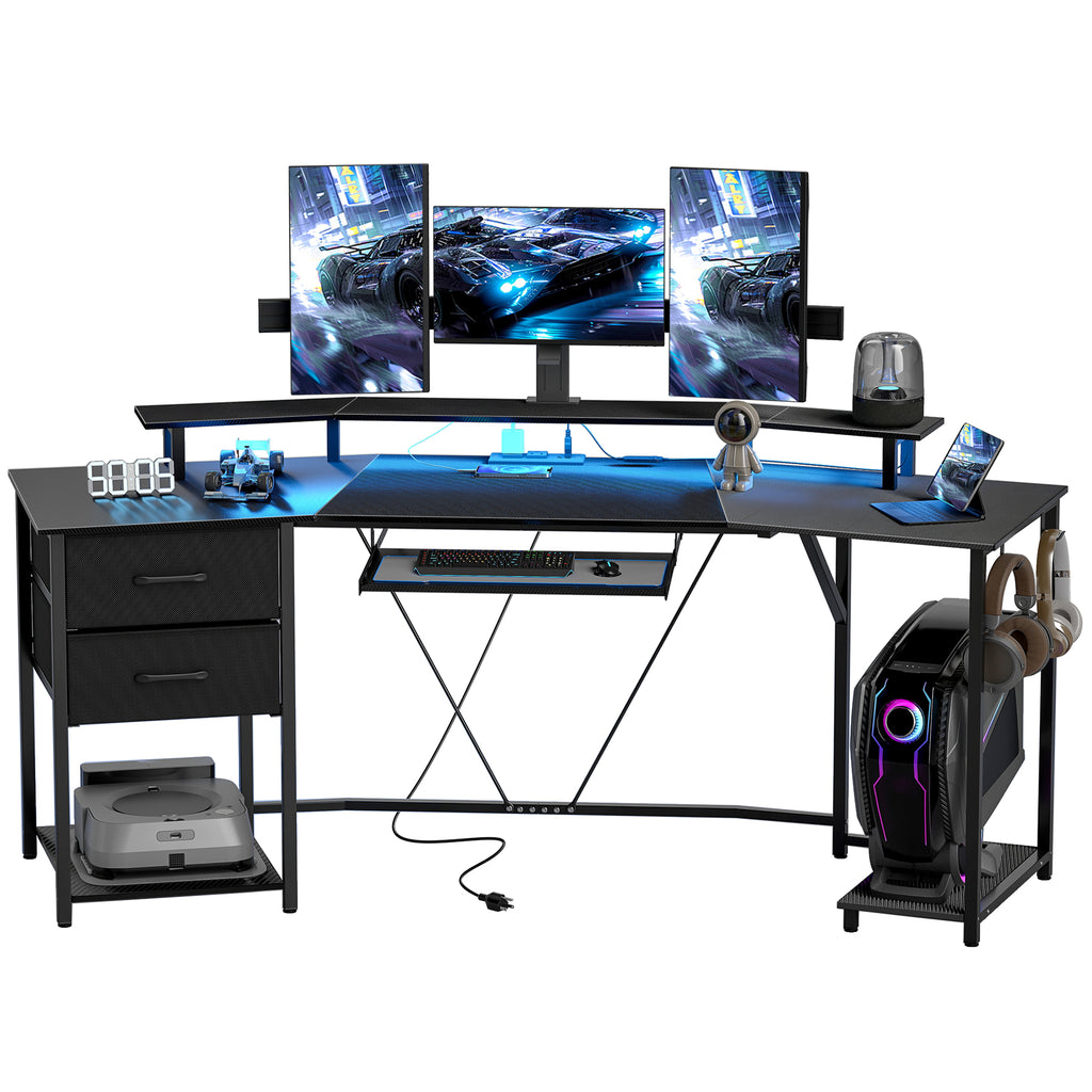 79 inch Gaming Desk with RGB Lights, Computer Table with Power Outlets & USB Ports, Keyboard Tray and 2 Drawers, Black