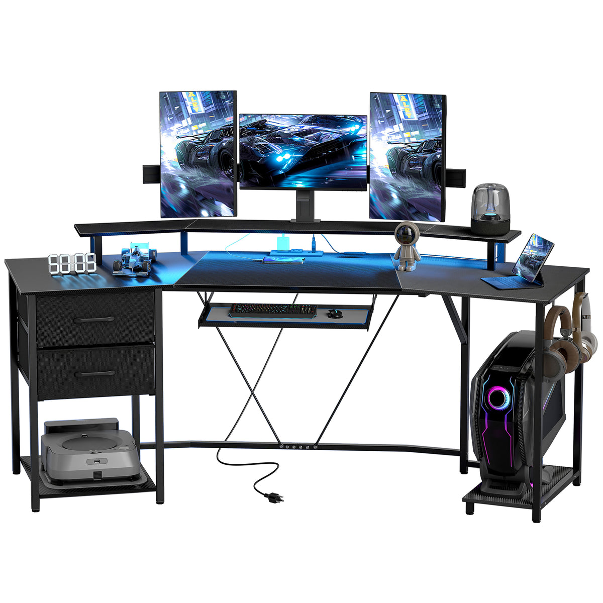 79 inch Gaming Desk with RGB Lights, Computer Table with Power Outlets & USB Ports, Keyboard Tray and 2 Drawers, Black