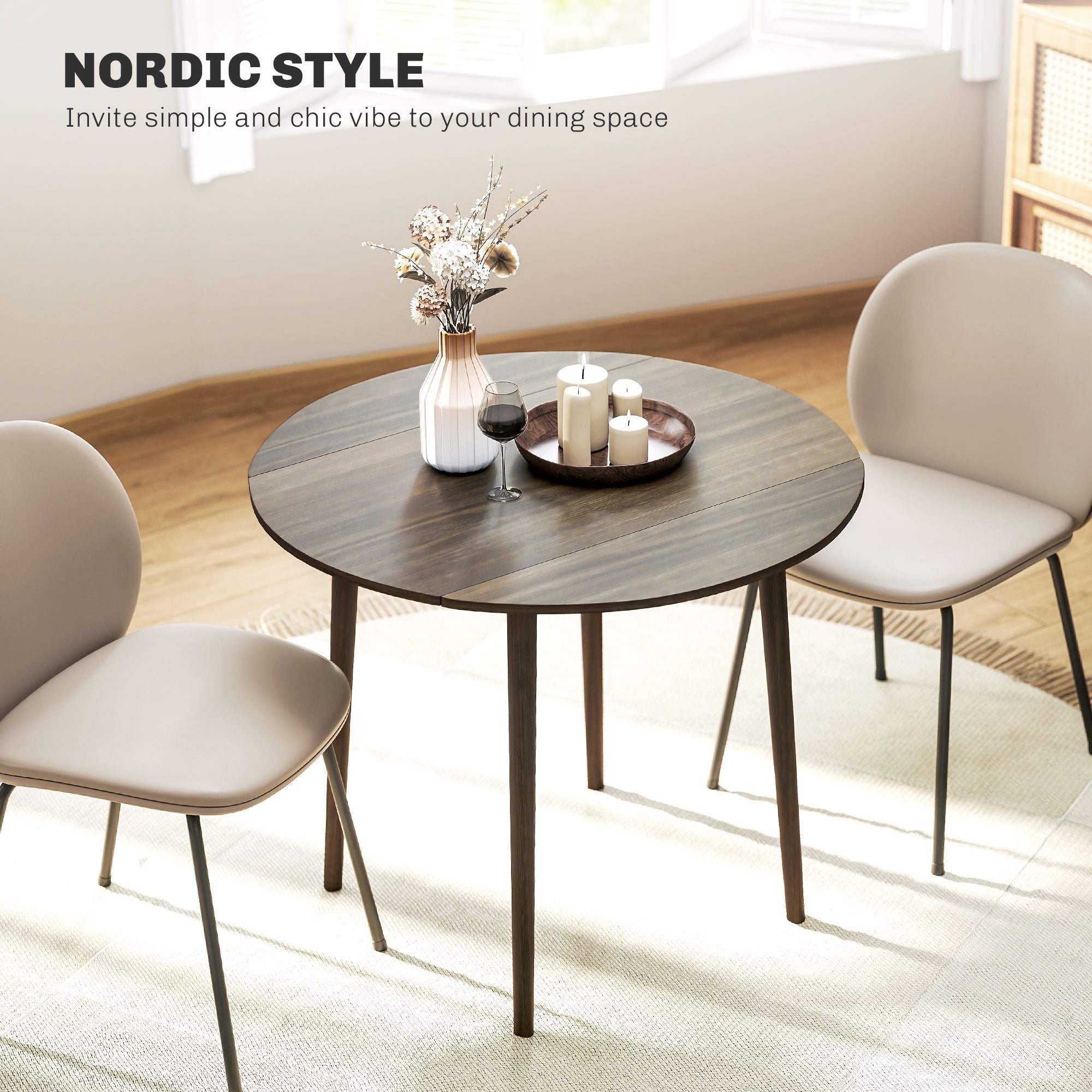 Folding Dining Table, Round Drop Leaf Kitchen Table for Small Spaces with Wood Legs, Distressed White