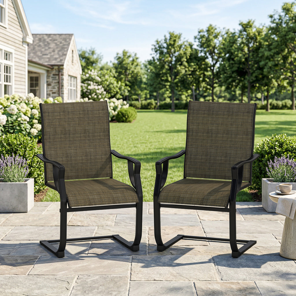 C Spring Motion Patio Chairs Set of 2 with Curved High Backrest, Armrest, All Weather Breathable Fabric, Metal Frame