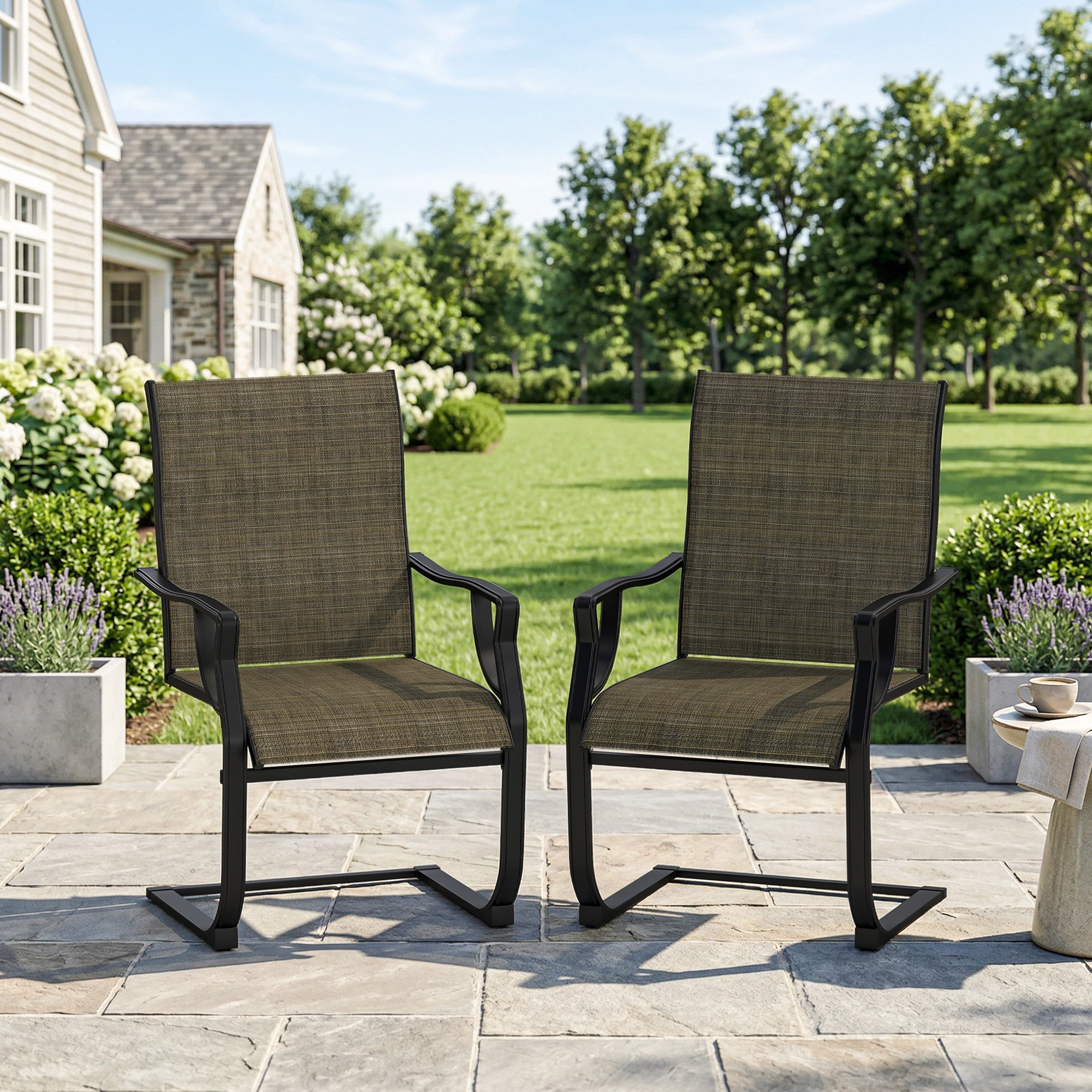 C Spring Motion Patio Chairs Set of 2 with Curved High Backrest, Armrest, All Weather Breathable Fabric, Metal Frame