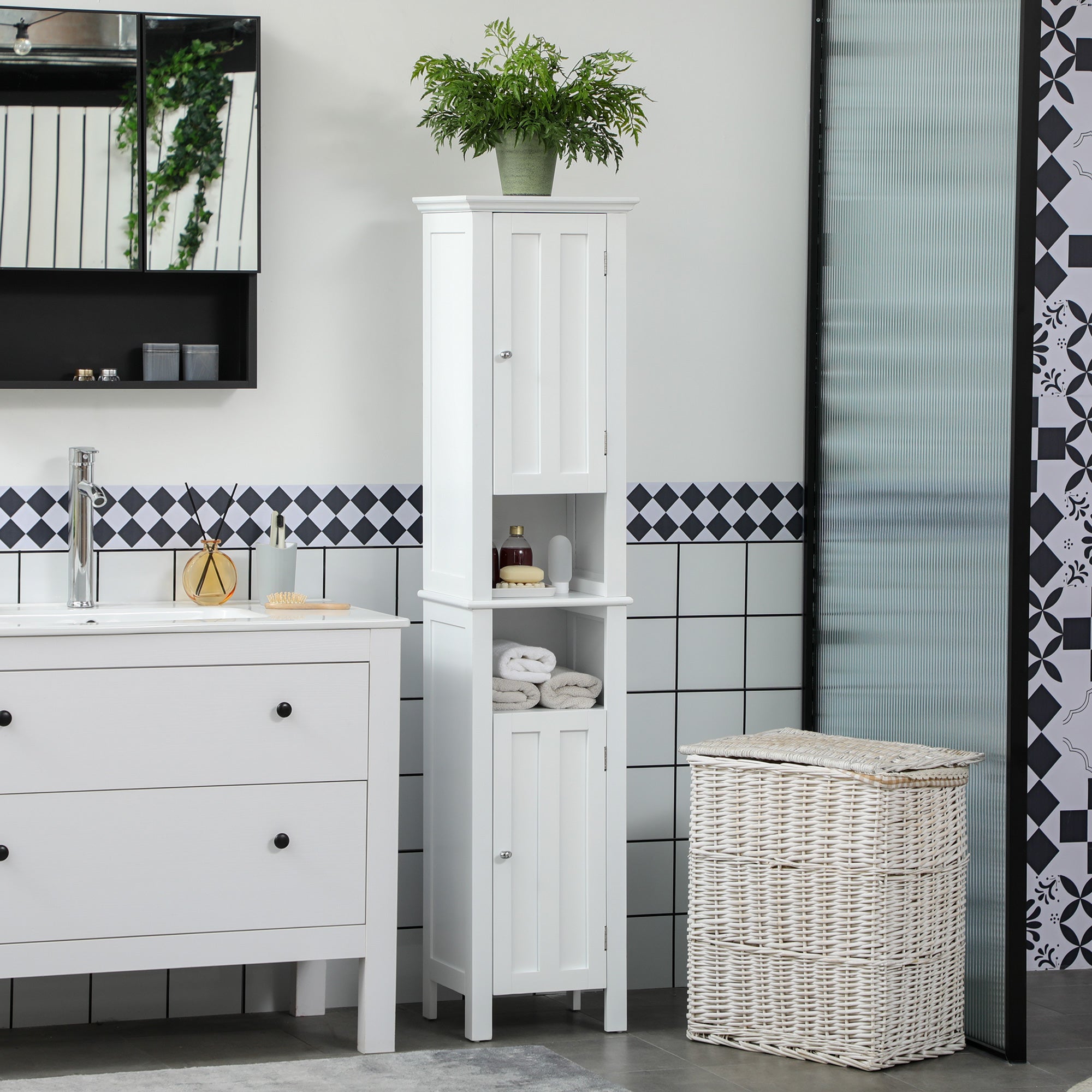 Bathroom Cabinet, Freestanding Linen Cabinet with Open Shelves, 13.8" x 11.8" x 62.4", White