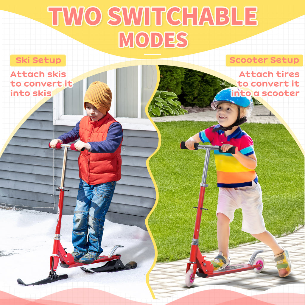 Qaba Snow Scooter, 2 in 1 Design Adjustable Height Scooter Snow Sled for Kids Aged Over 7 Years Old, Foldable Kids Sled Ski Scooter with Wheels Blades, Green